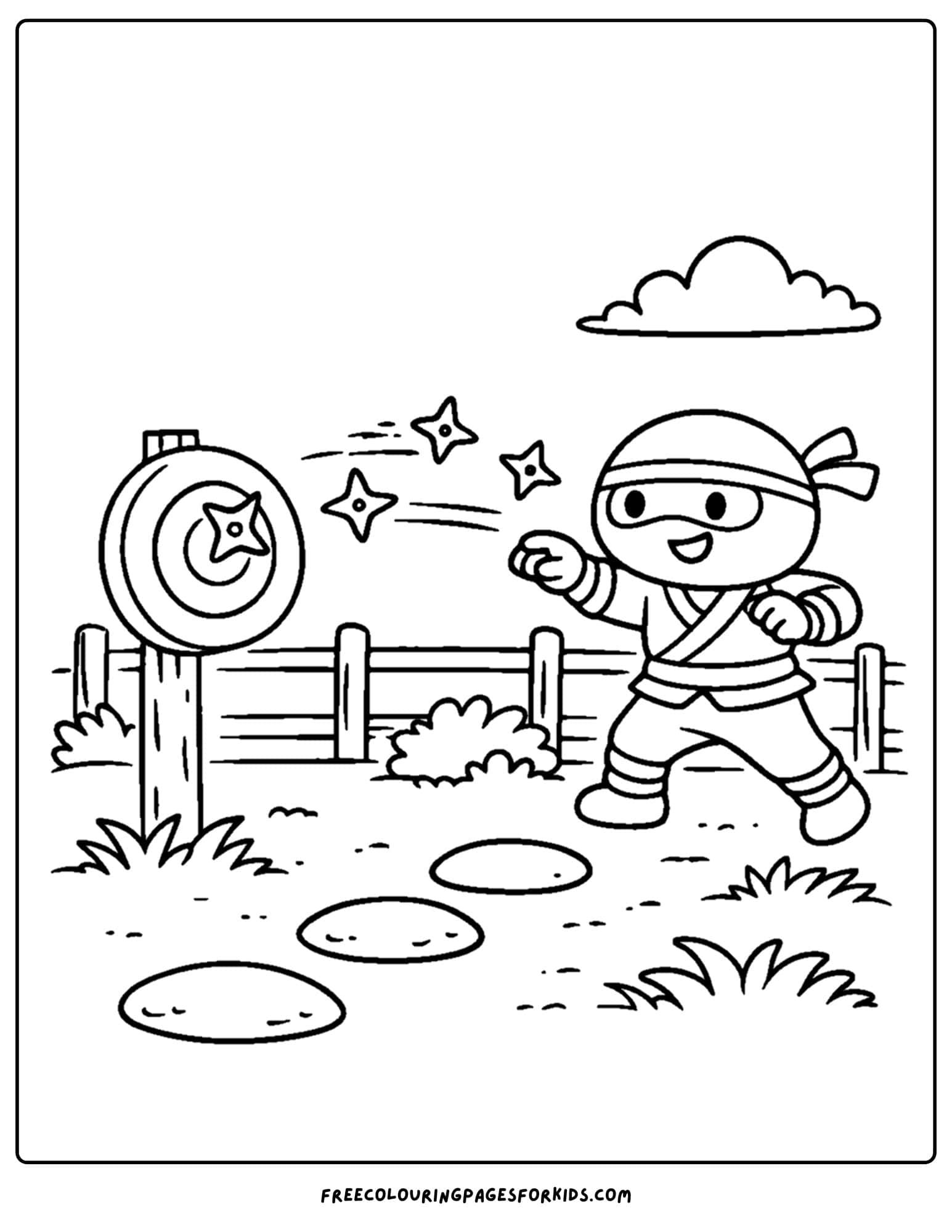 a coloring page of a ninja practicing ninja star throws