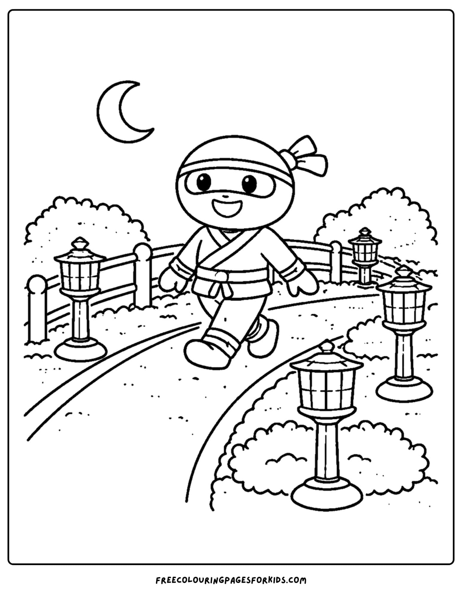 a coloring page of a ninja walking down a path lit by lanterns