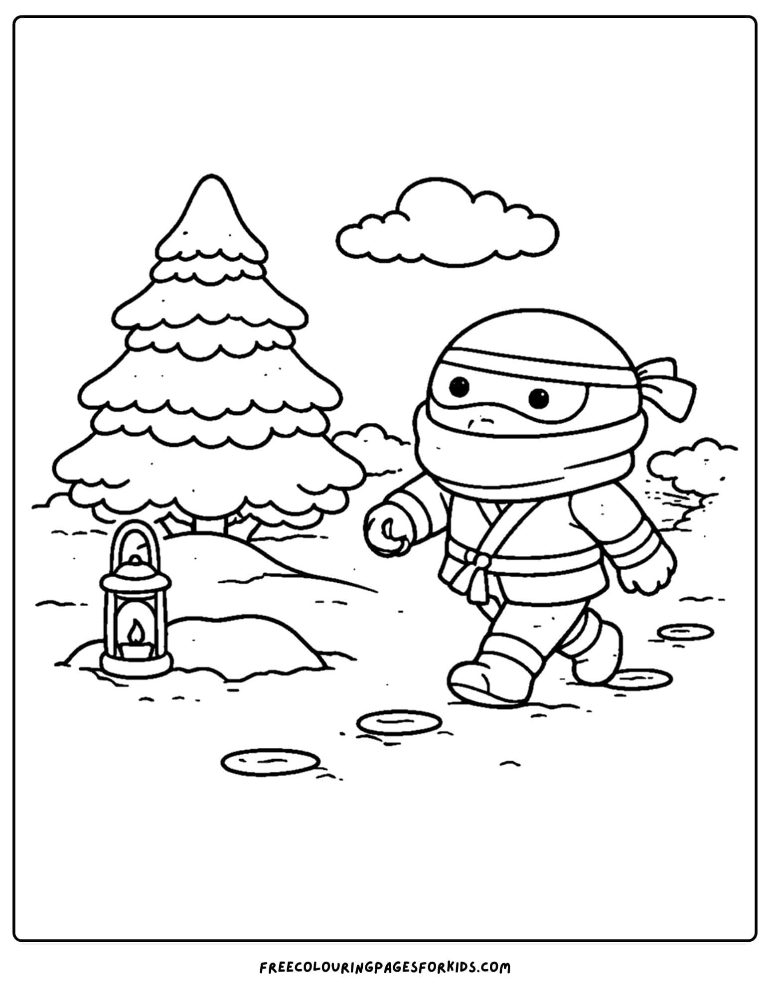 a coloring page of a ninja walking in the snow