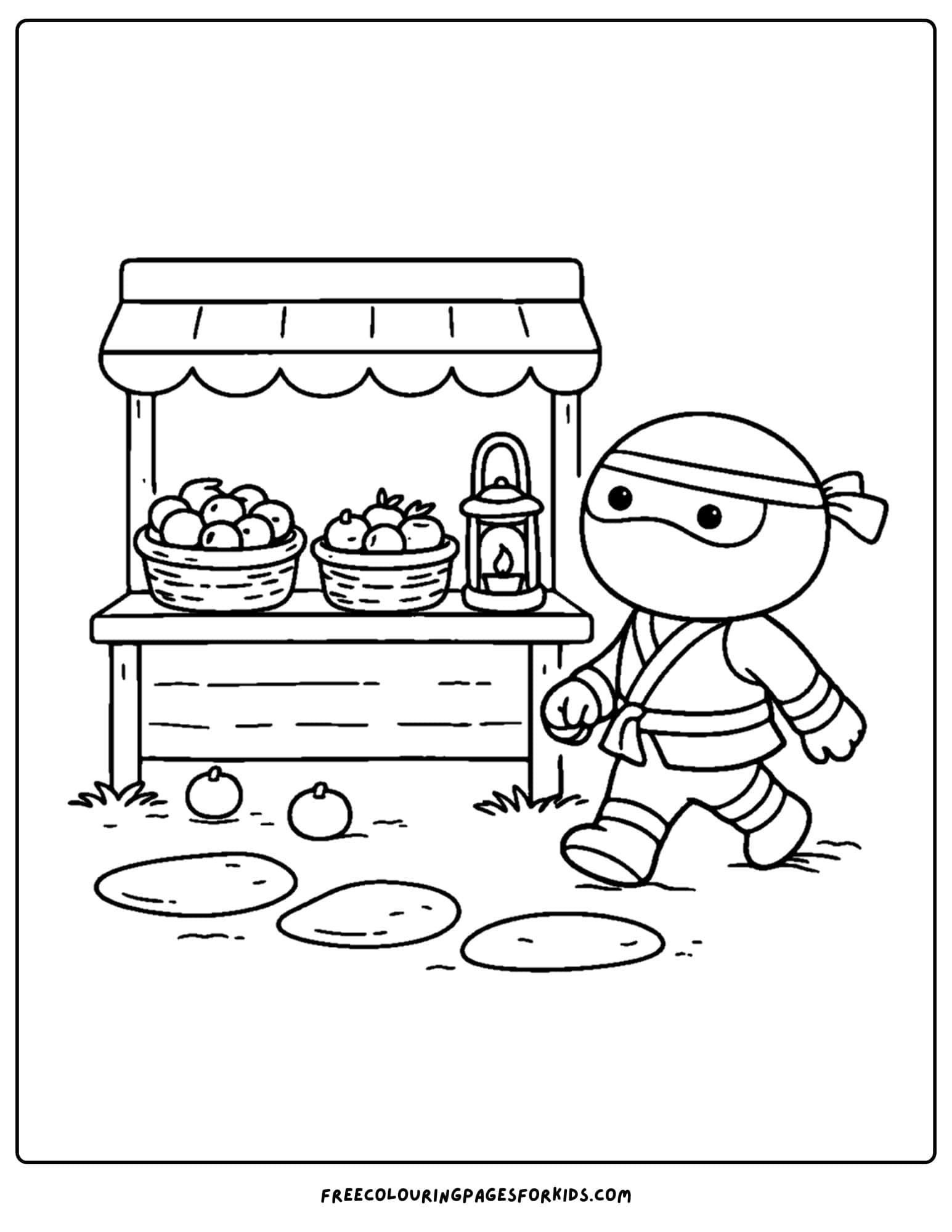 a coloring page of a ninja walking past a market stall