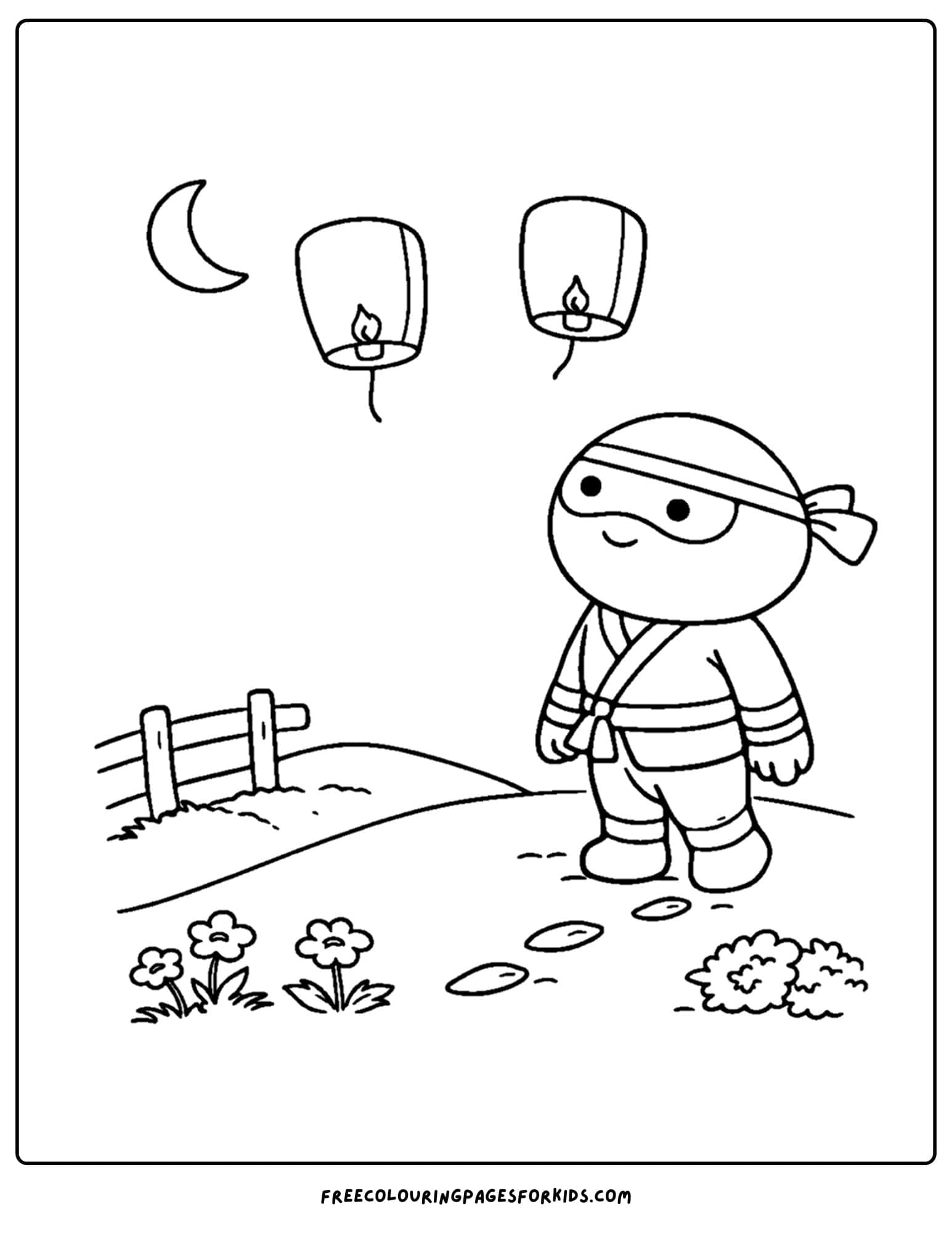 a coloring page of a ninja looking up at lanterns in the sky