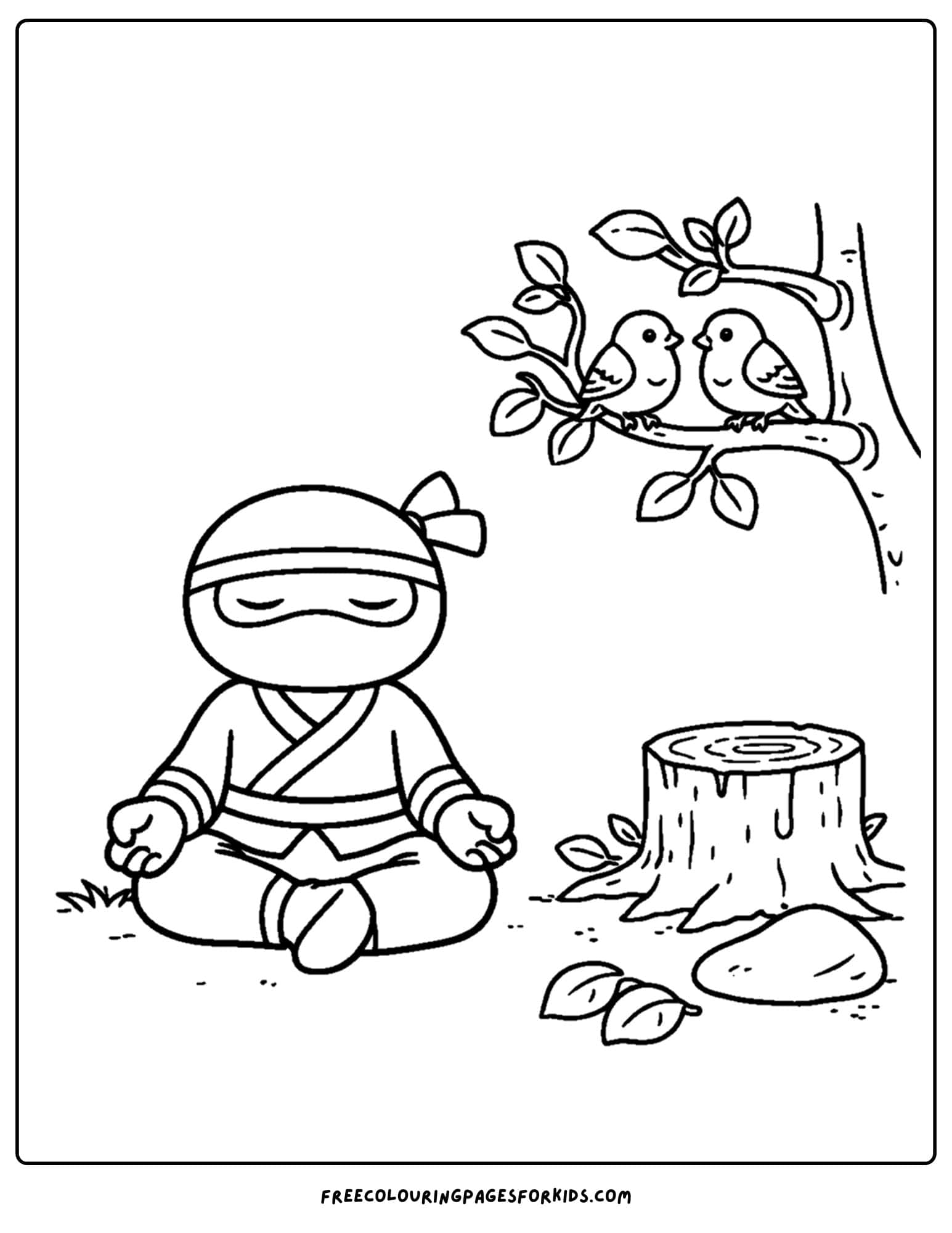 a coloring page of a ninja meditating under a tree