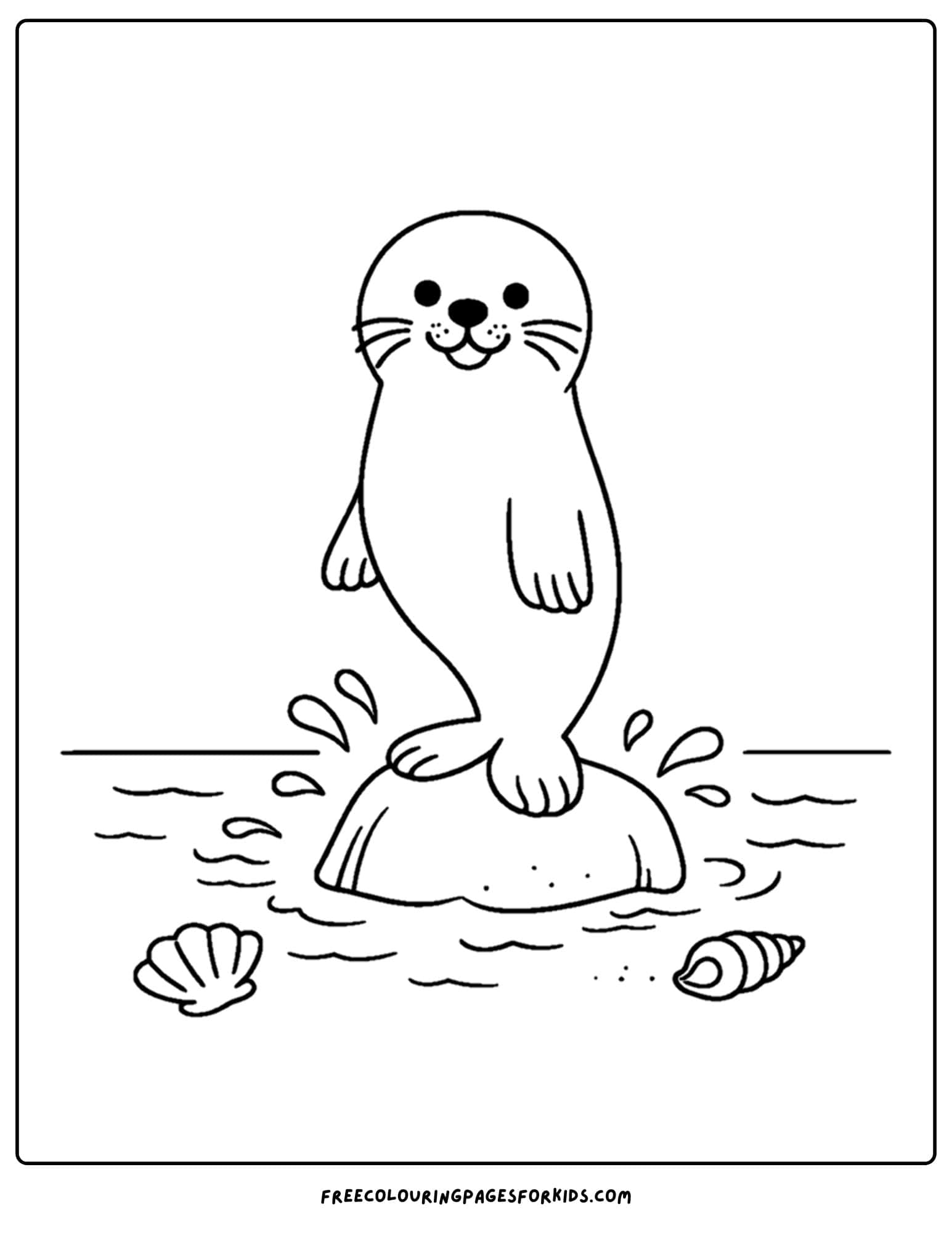 a coloring page of a seal balancing on a rock