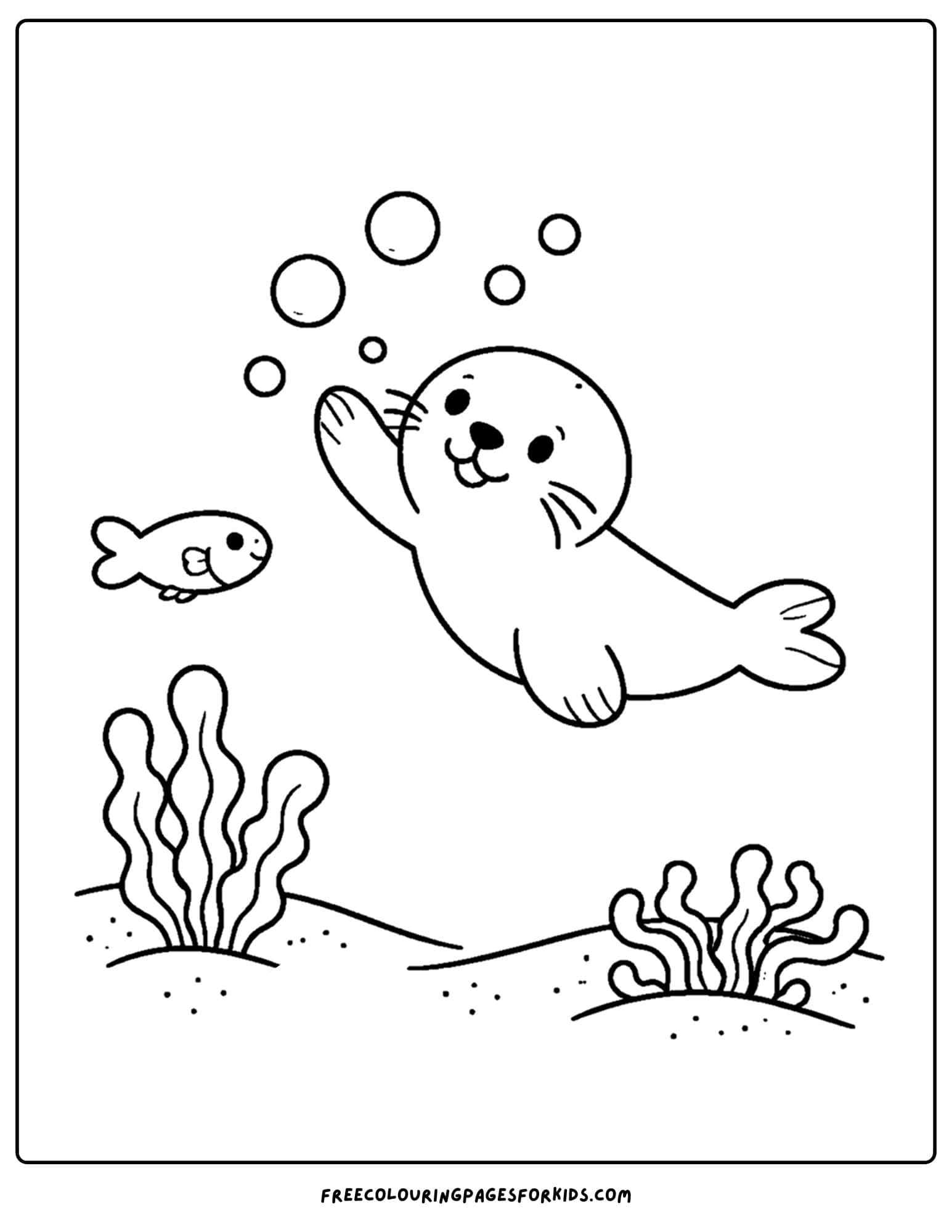 a coloring page of a seal chasing bubbles under the water