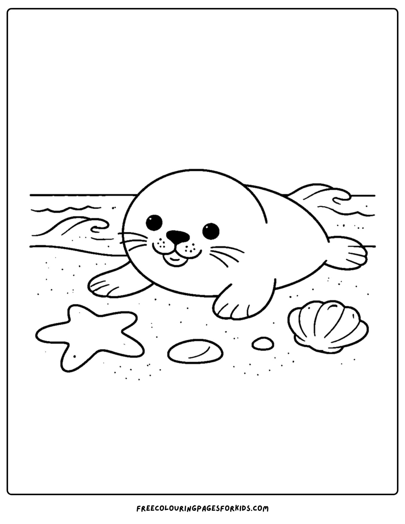 a coloring page of a seal on the sand with some shells