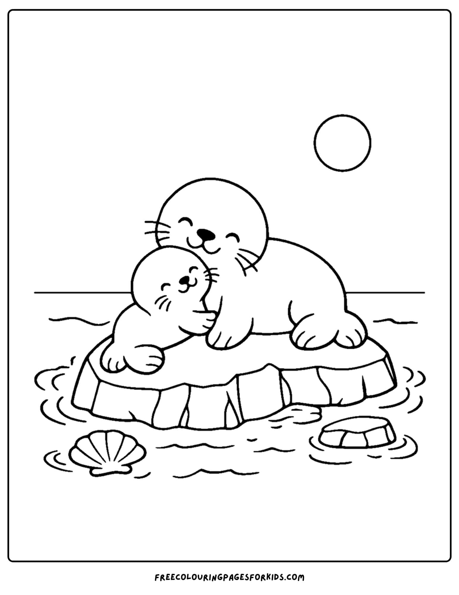 a coloring page of a seal giving cuddles to its baby seal
