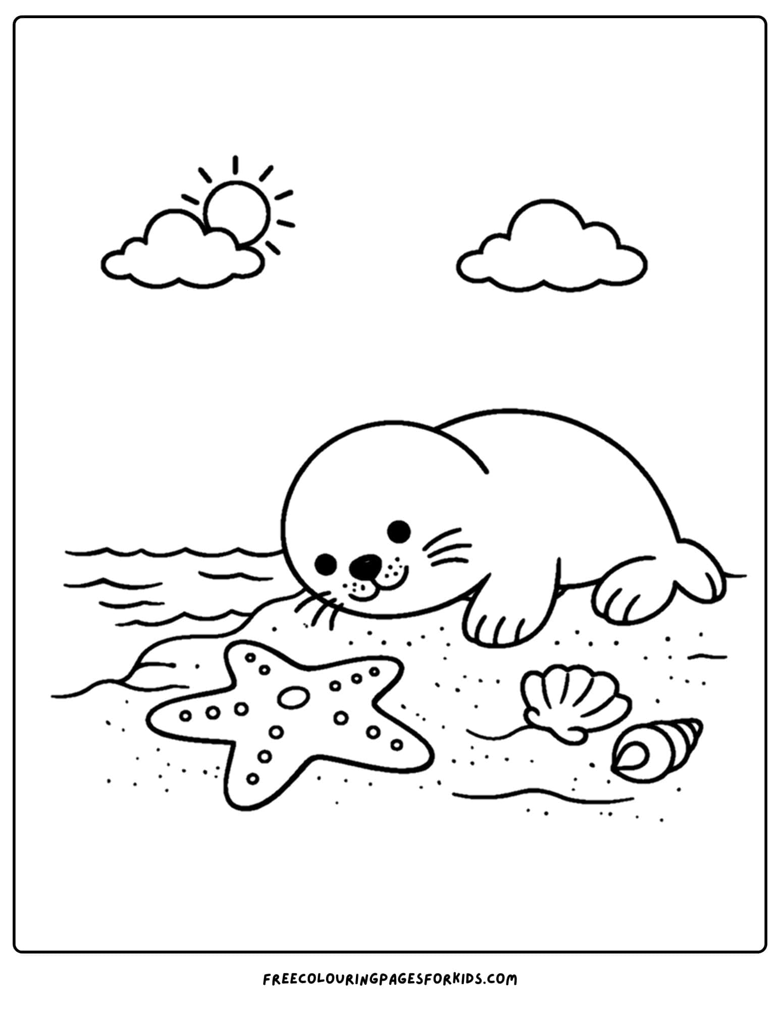 a coloring page of a seal looking at a starfish