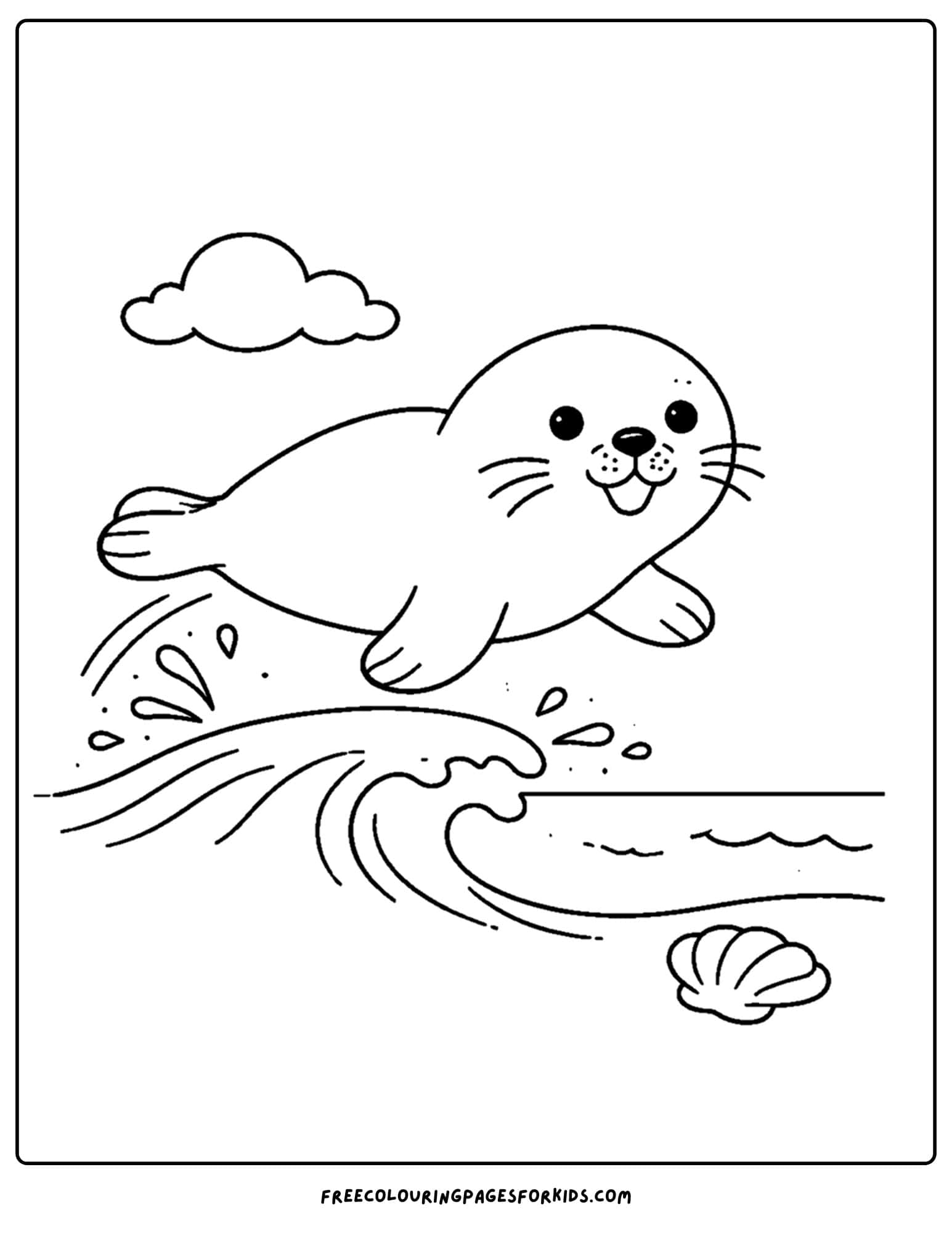a coloring page of a seal jumping over a wave