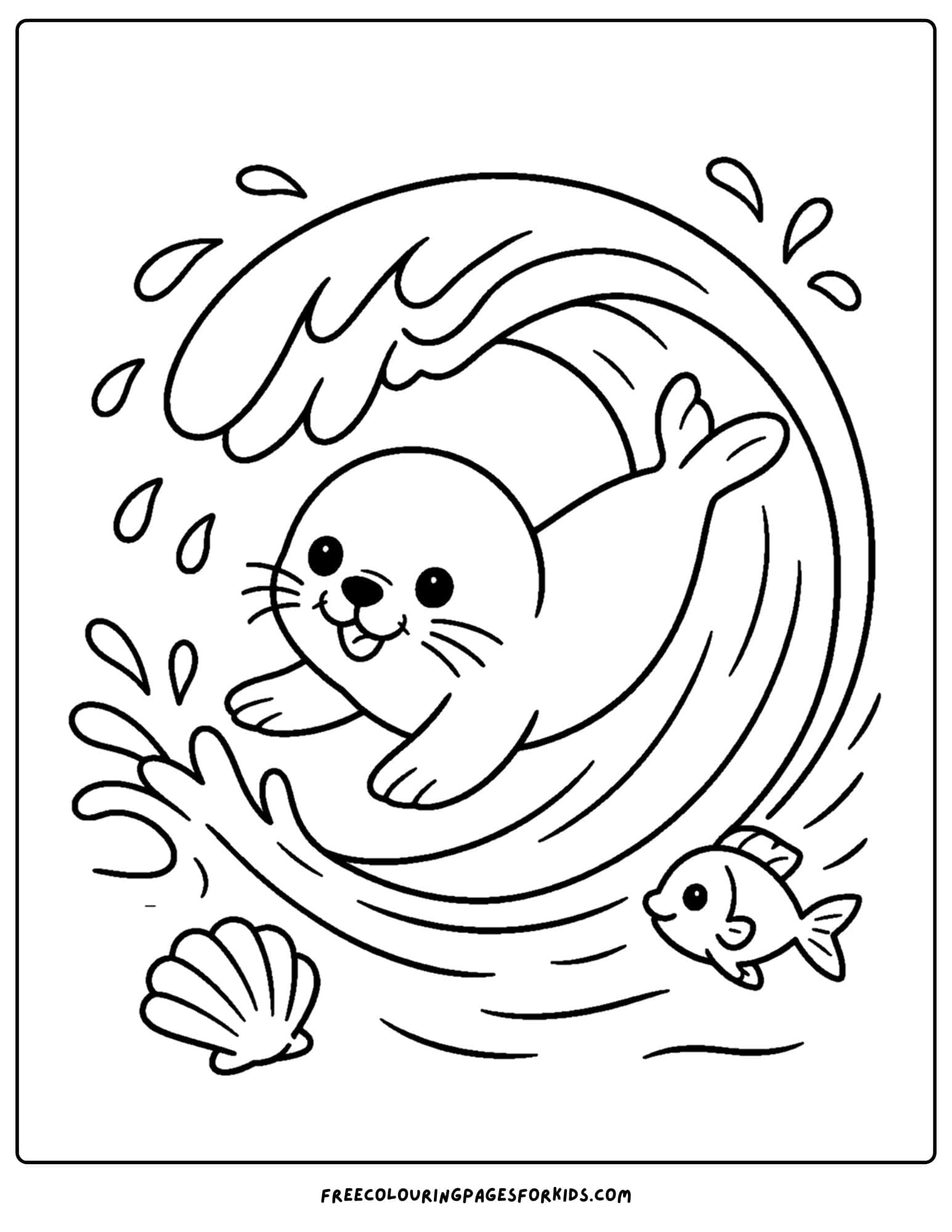 a coloring page of a seal surfing a big wave