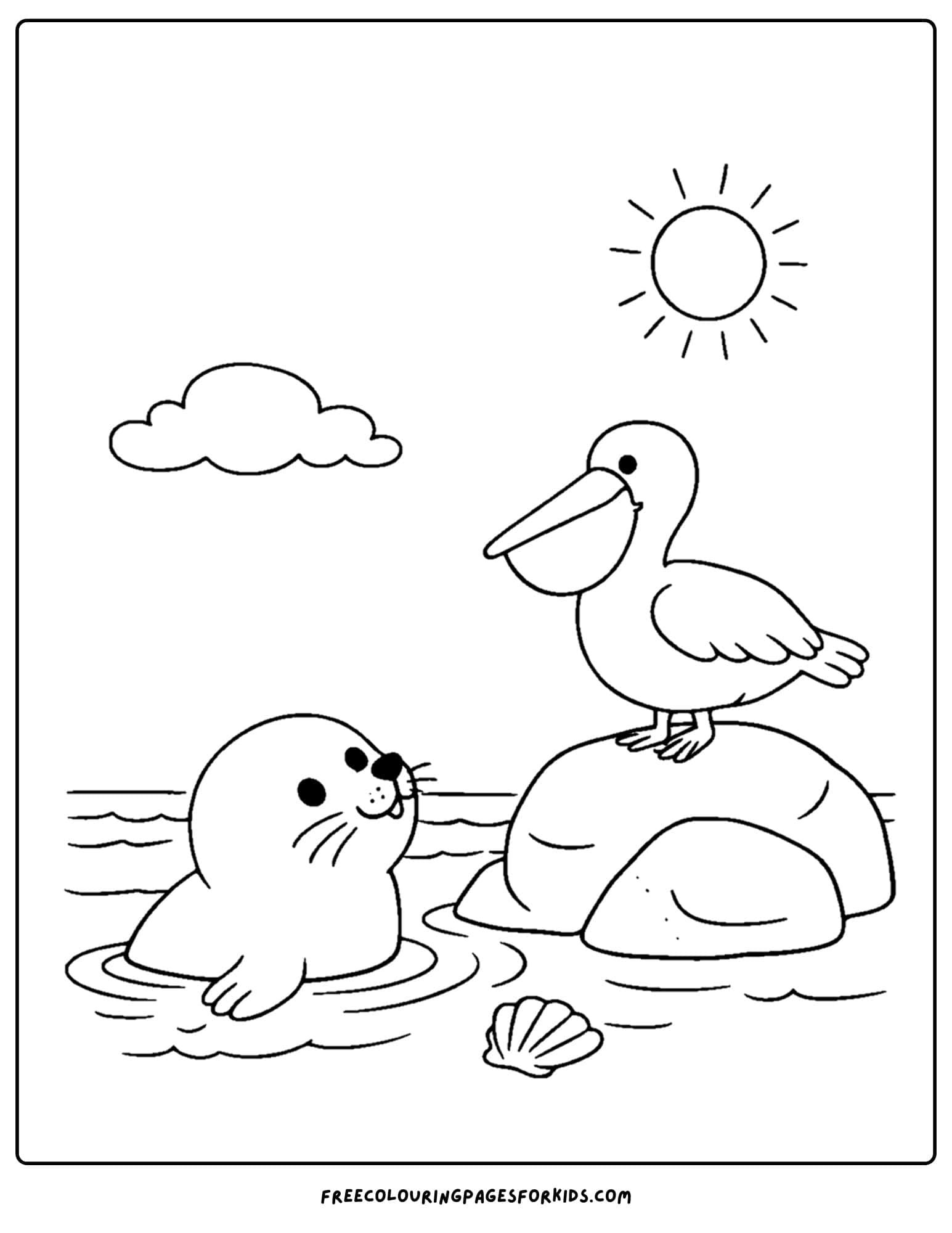 a coloring page of a seal looking up at a pelican on a rock