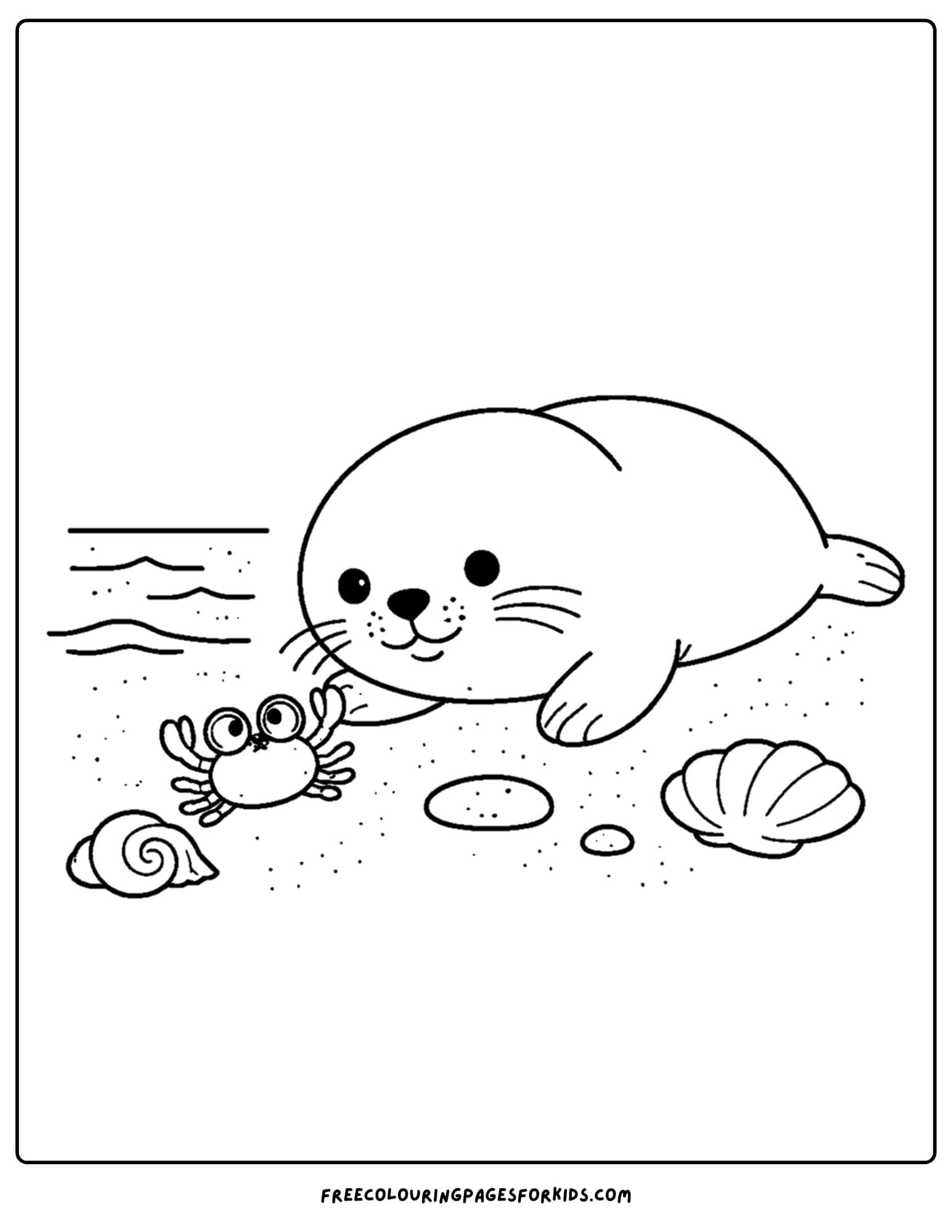 a coloring page of a seal and a tiny crab on the beach