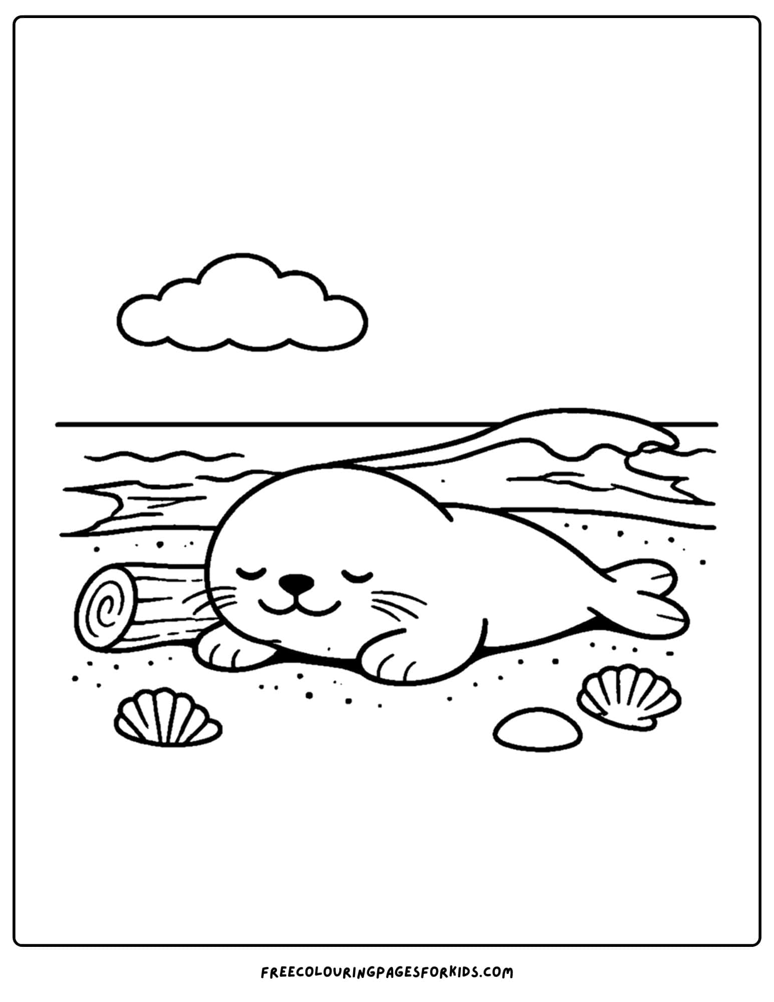 a coloring page of a seal sleeping on the sand