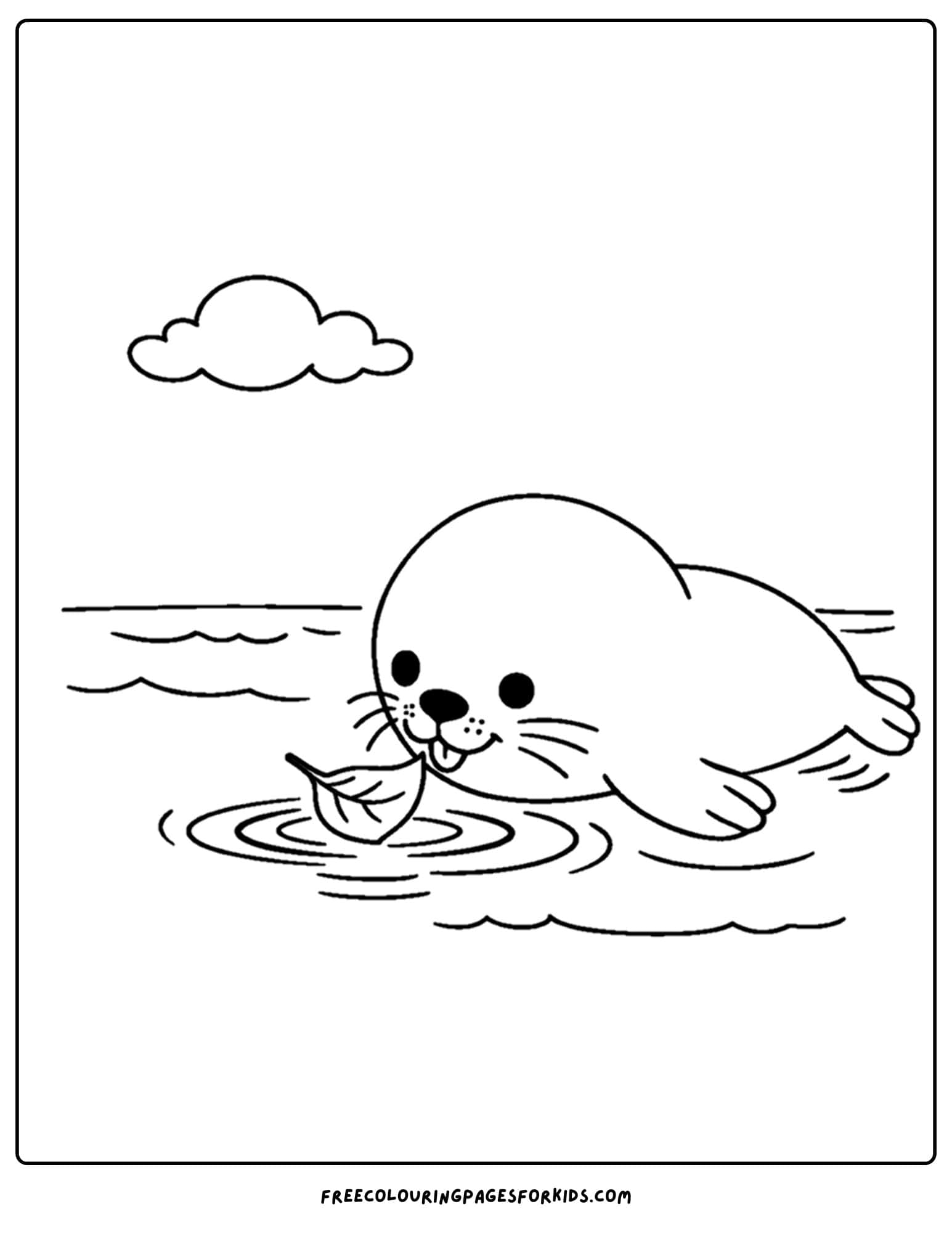 a coloring page of a seal looking at a leaf floating on the water