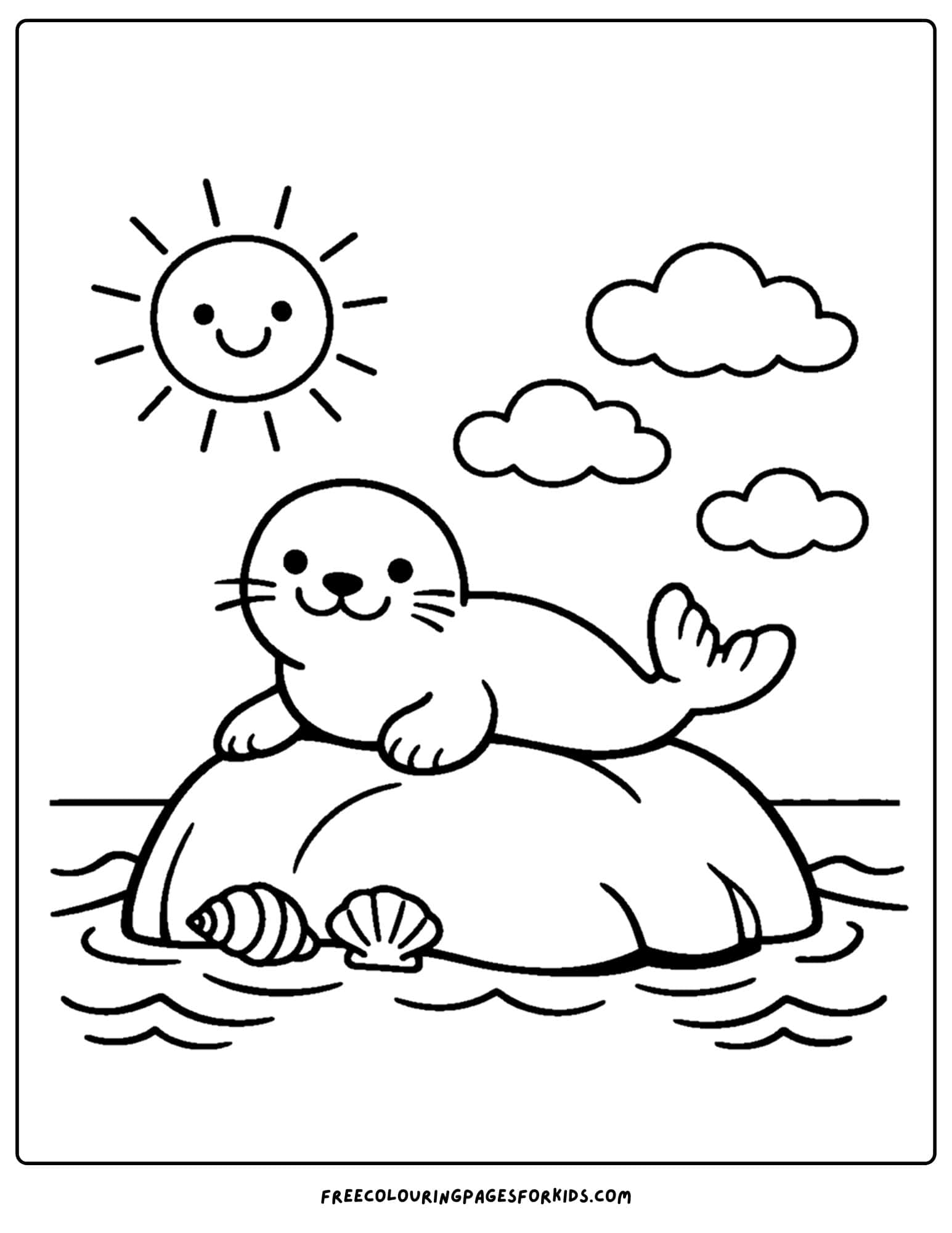 a coloring page of a seal enjoying the sun on top of a rock in the ocean