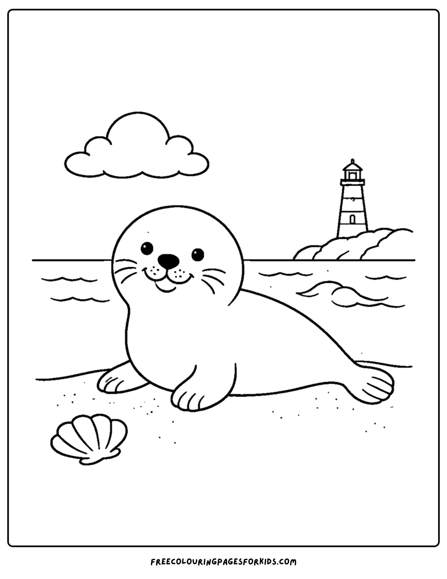 a coloring page of a seal laying on the sand with a lighthouse in the distance