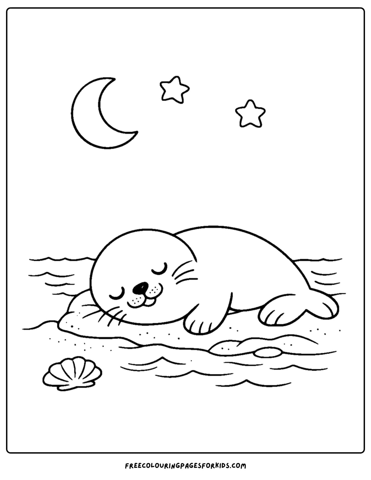 a coloring page of a seal sleeping on the sand under the moon
