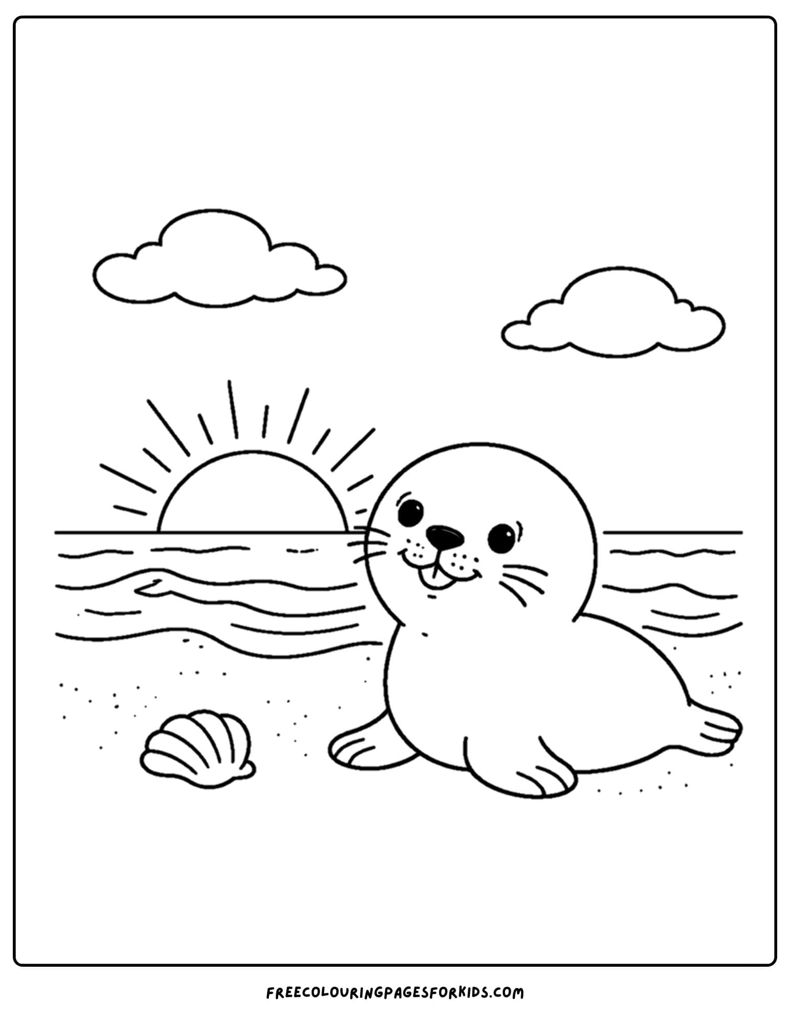 a coloring page of a seal enjoying the sunrise