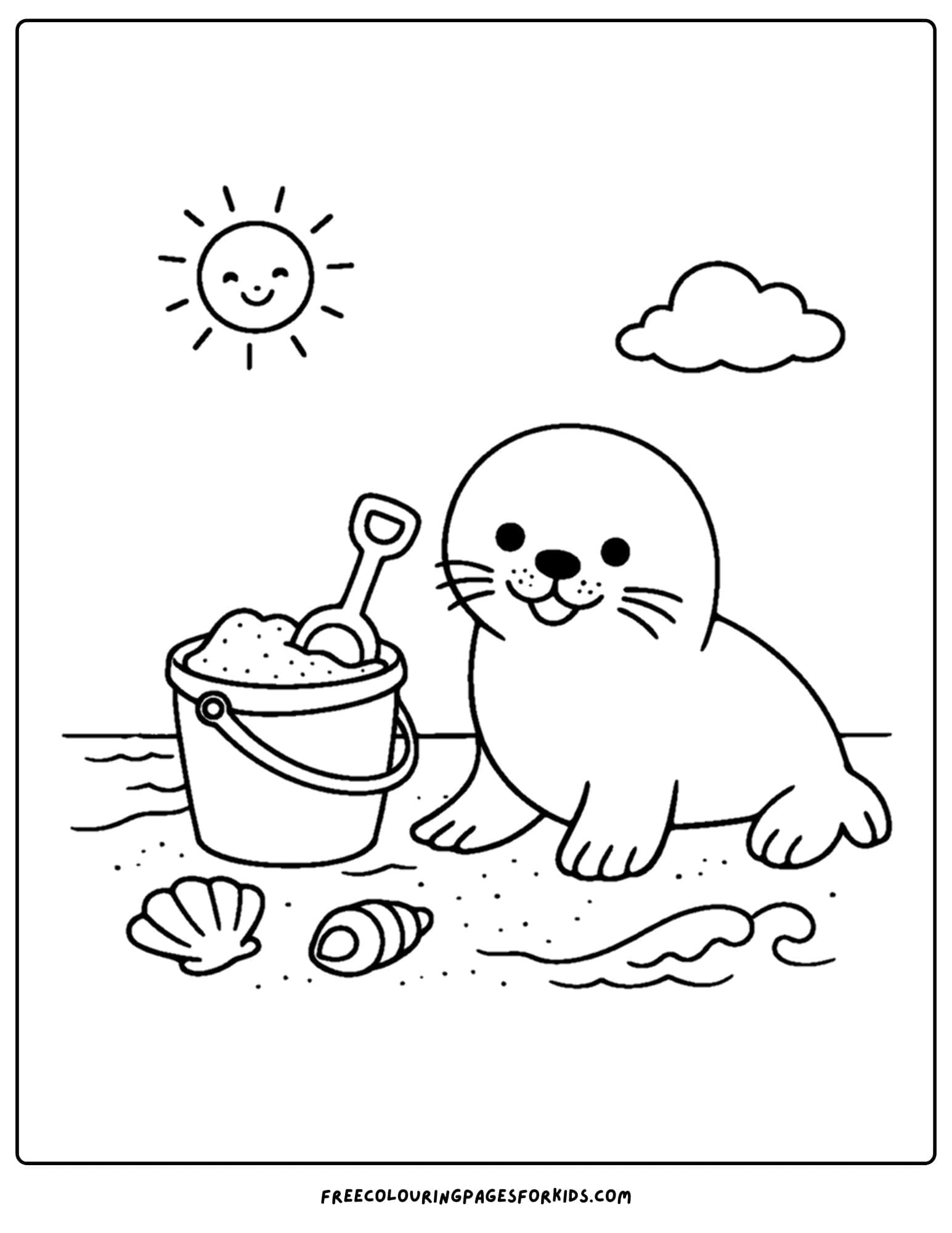 a coloring page of a seal next to a bucket and shovel on the sand