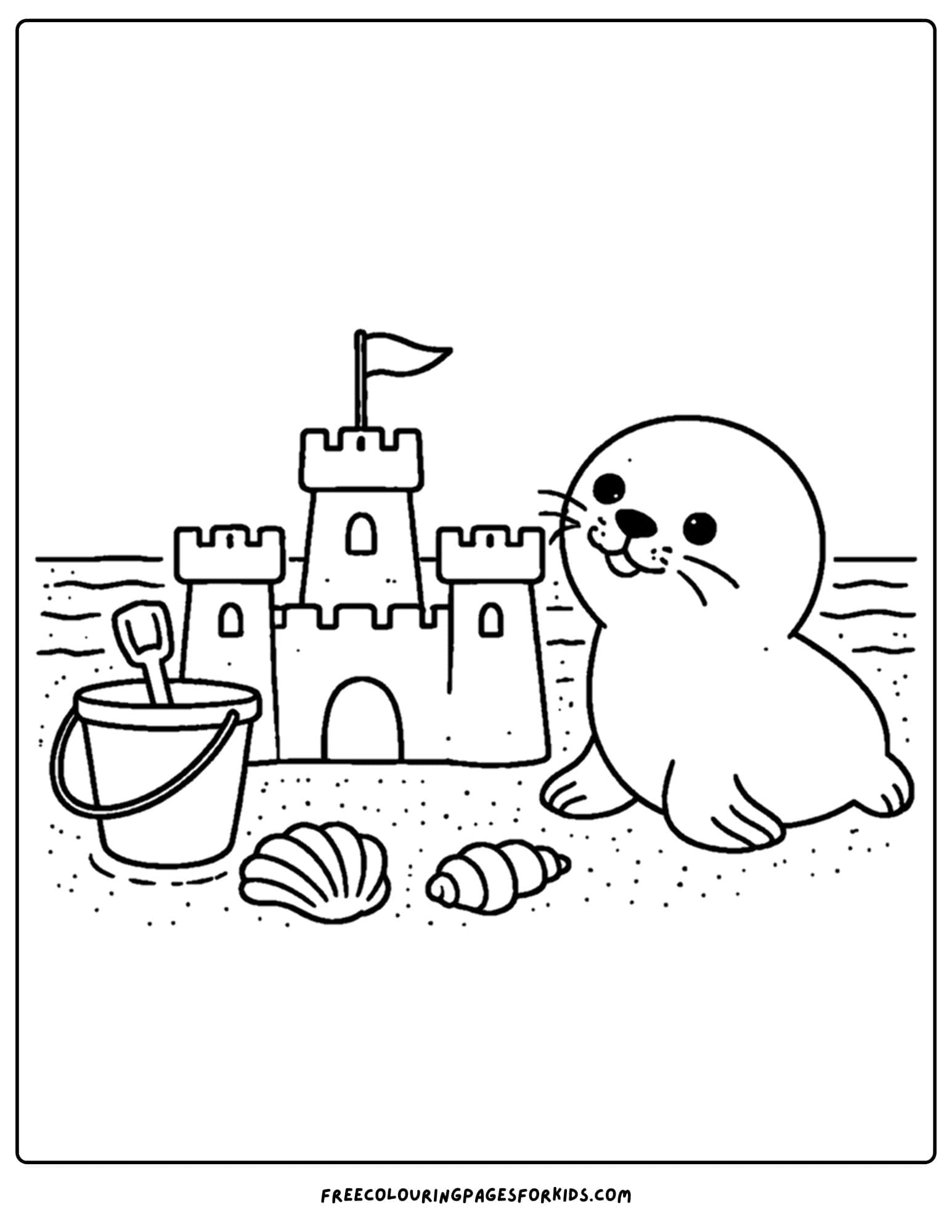 a coloring page of a seal sitting next to a sandcastle