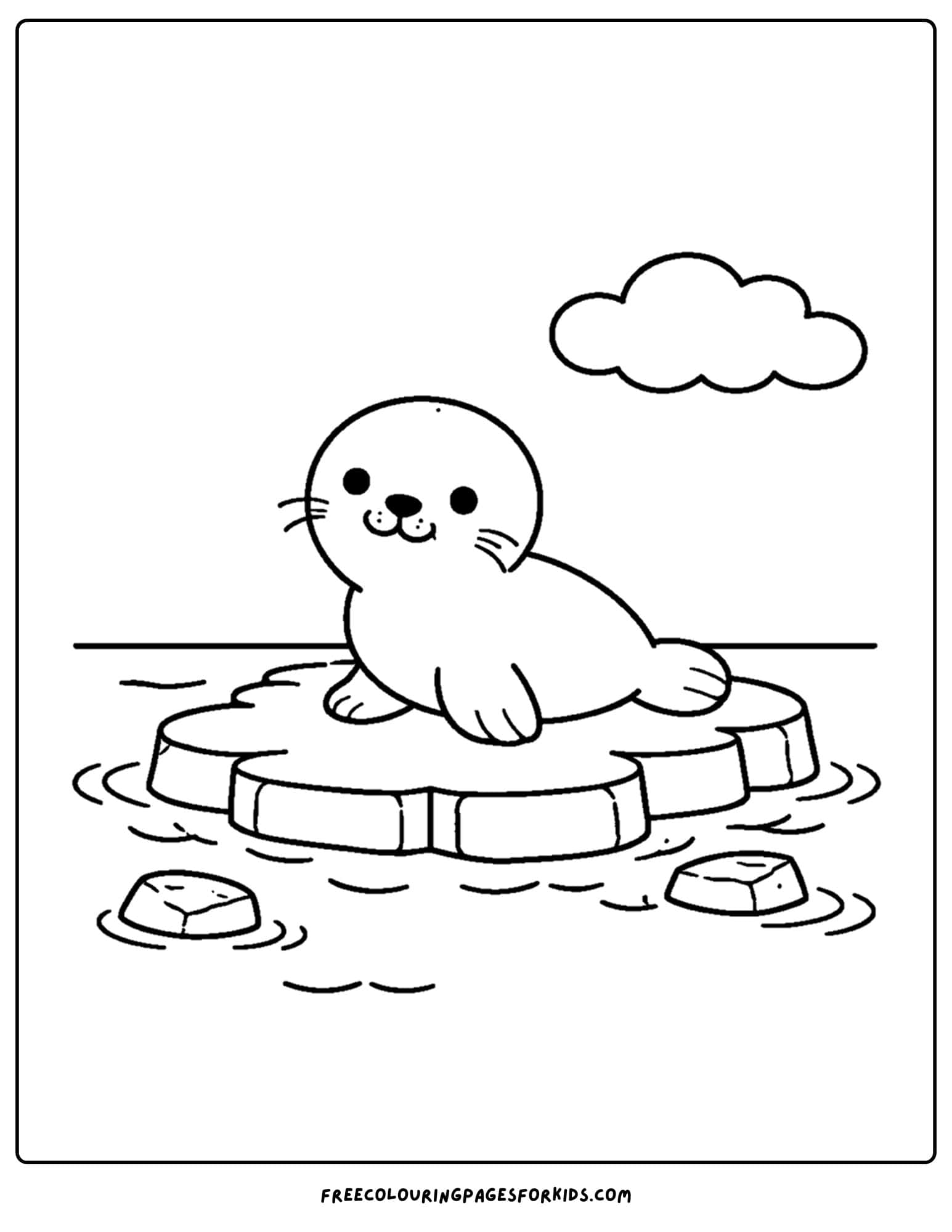 a coloring page of a seal sitting on ice floating in the sea