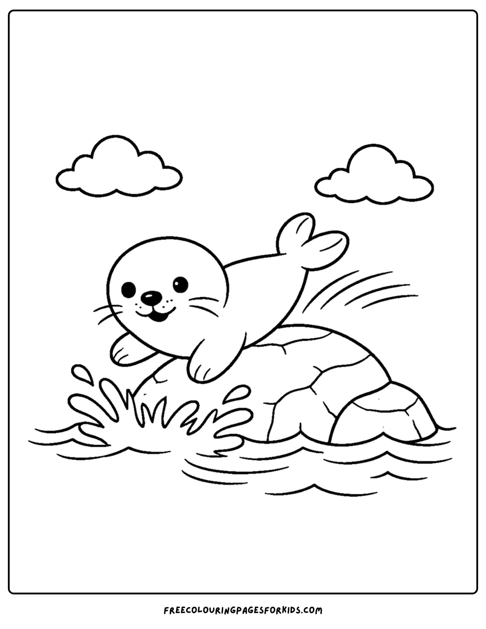 a coloring page of a seal sliding off a rock into the water