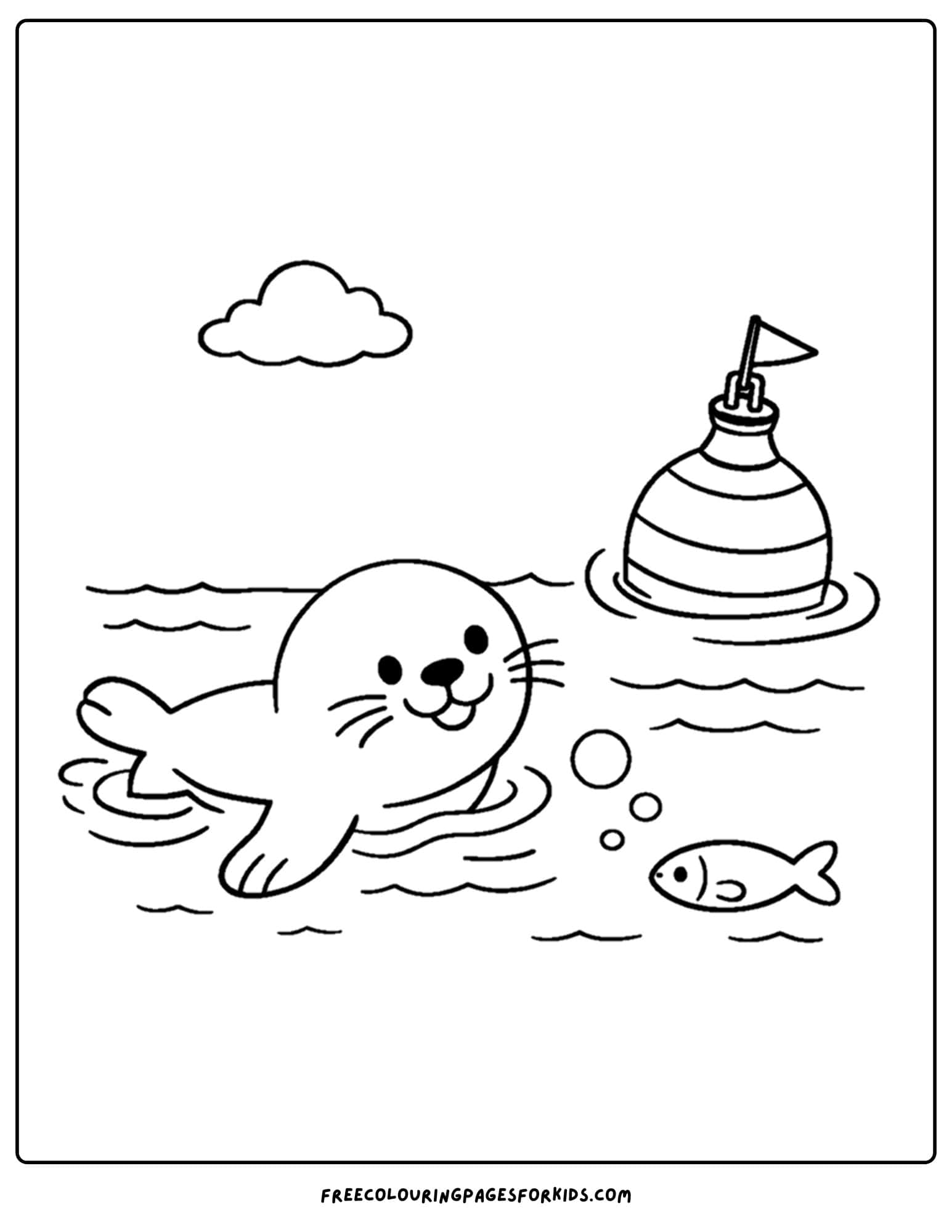 a coloring page of a seal swimming near a buoy on the ocean
