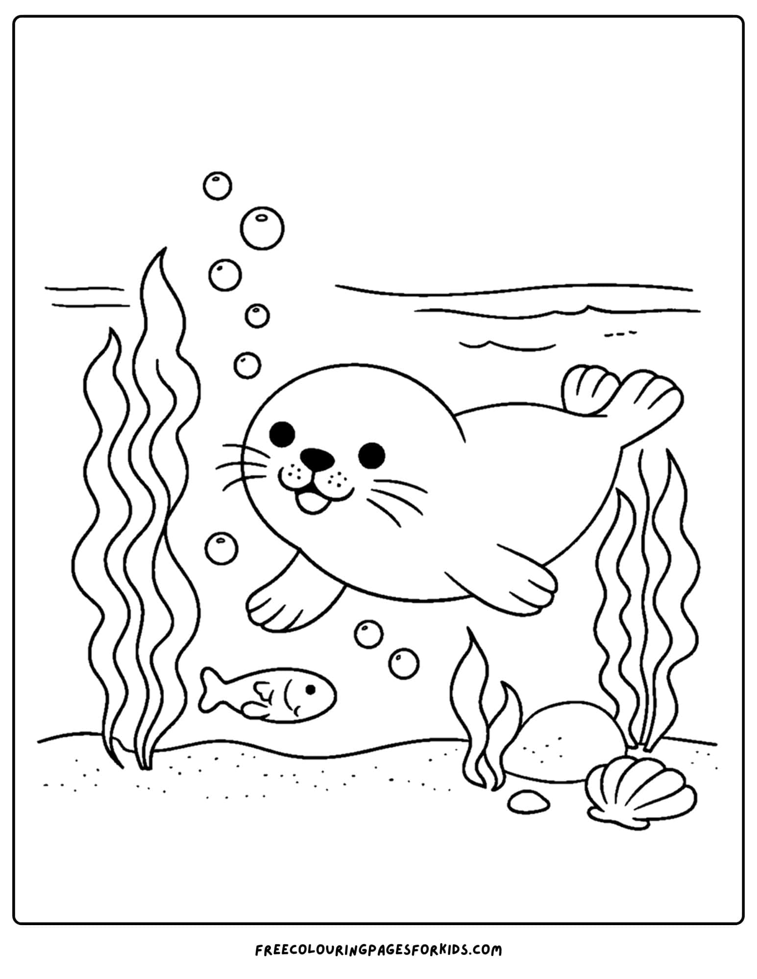 a coloring page of a seal swimming through kelp
