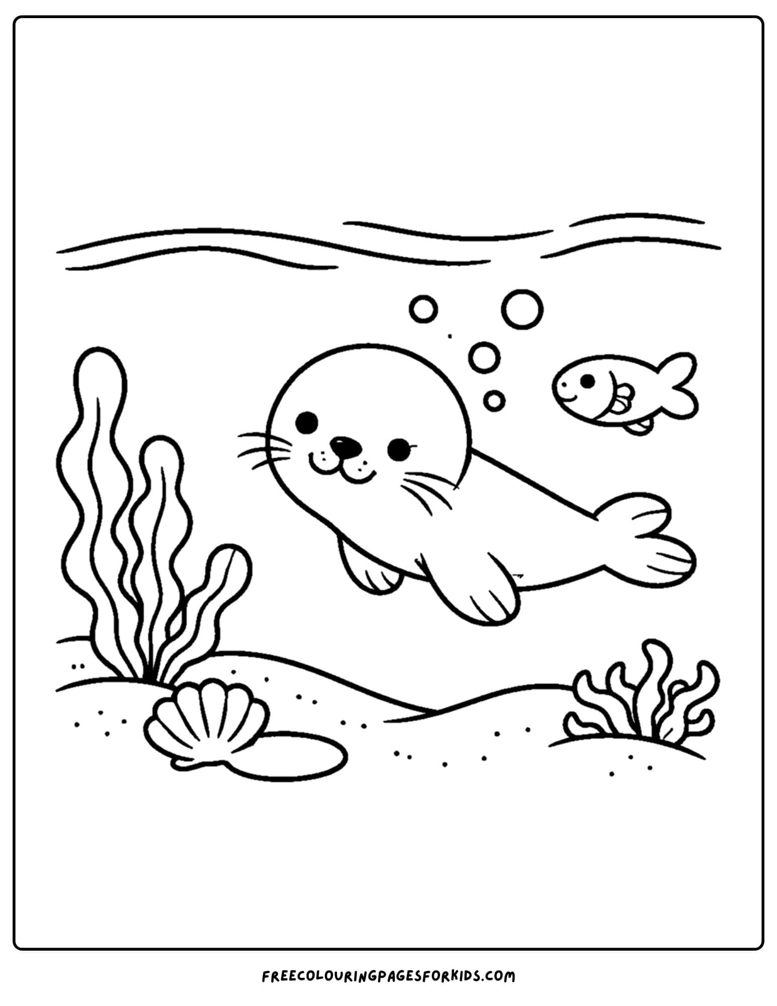 a coloring page of a seal swimming with a fish