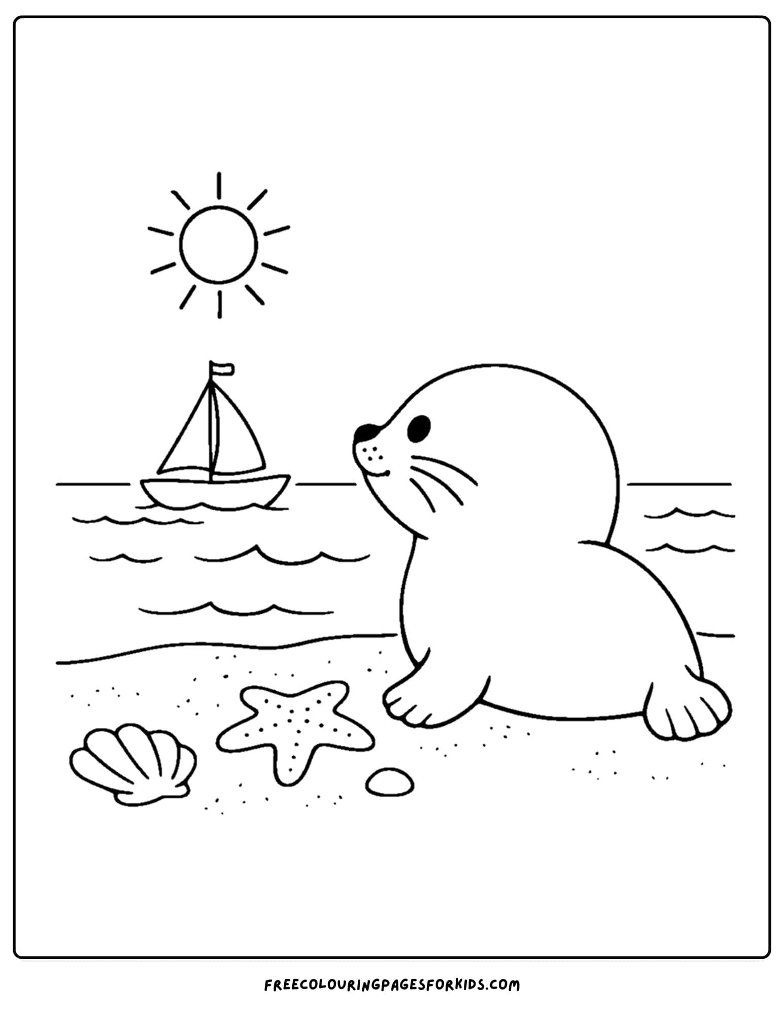 a coloring page of a seal watching a sailboat