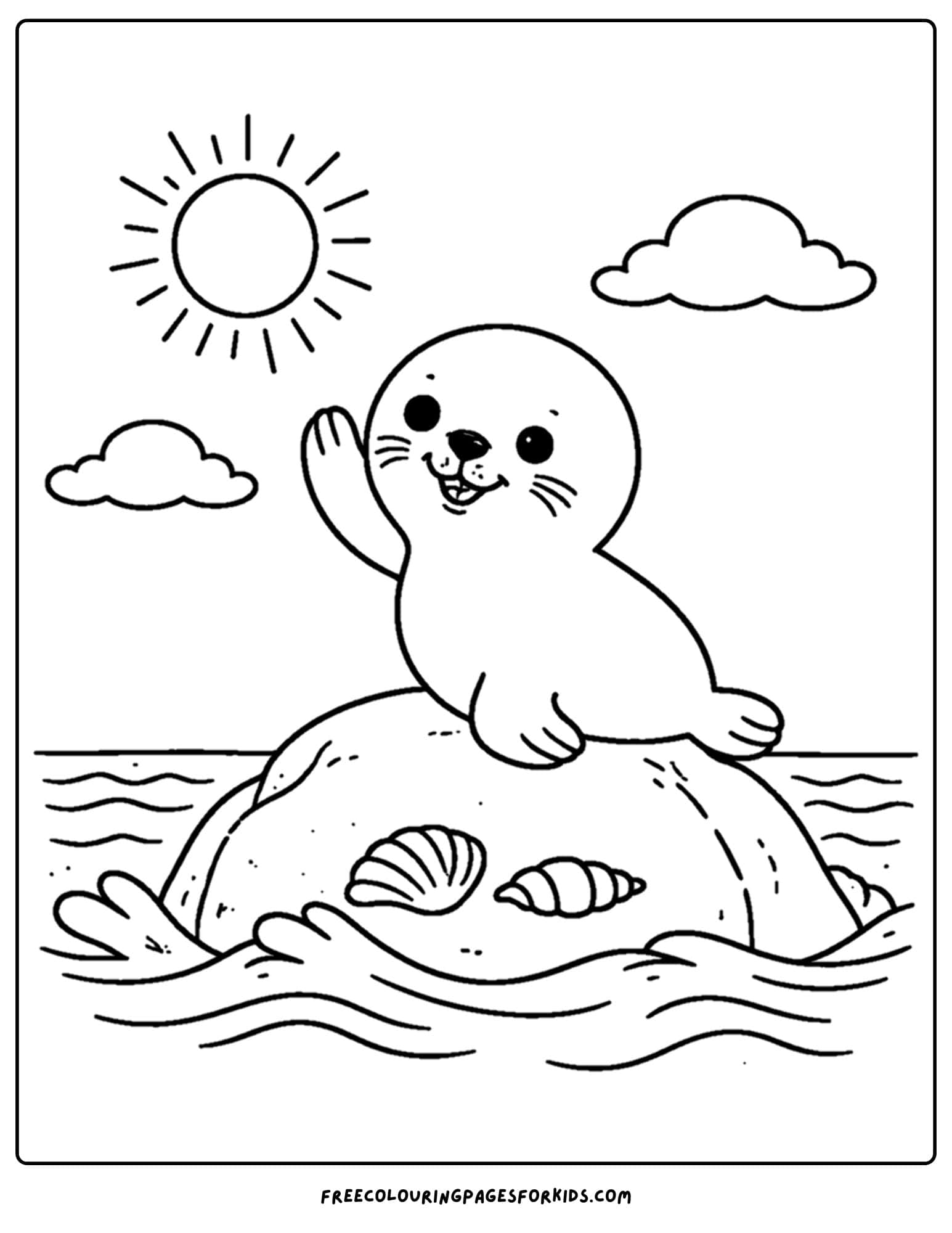 a coloring page of a seal waving from on top of a rock