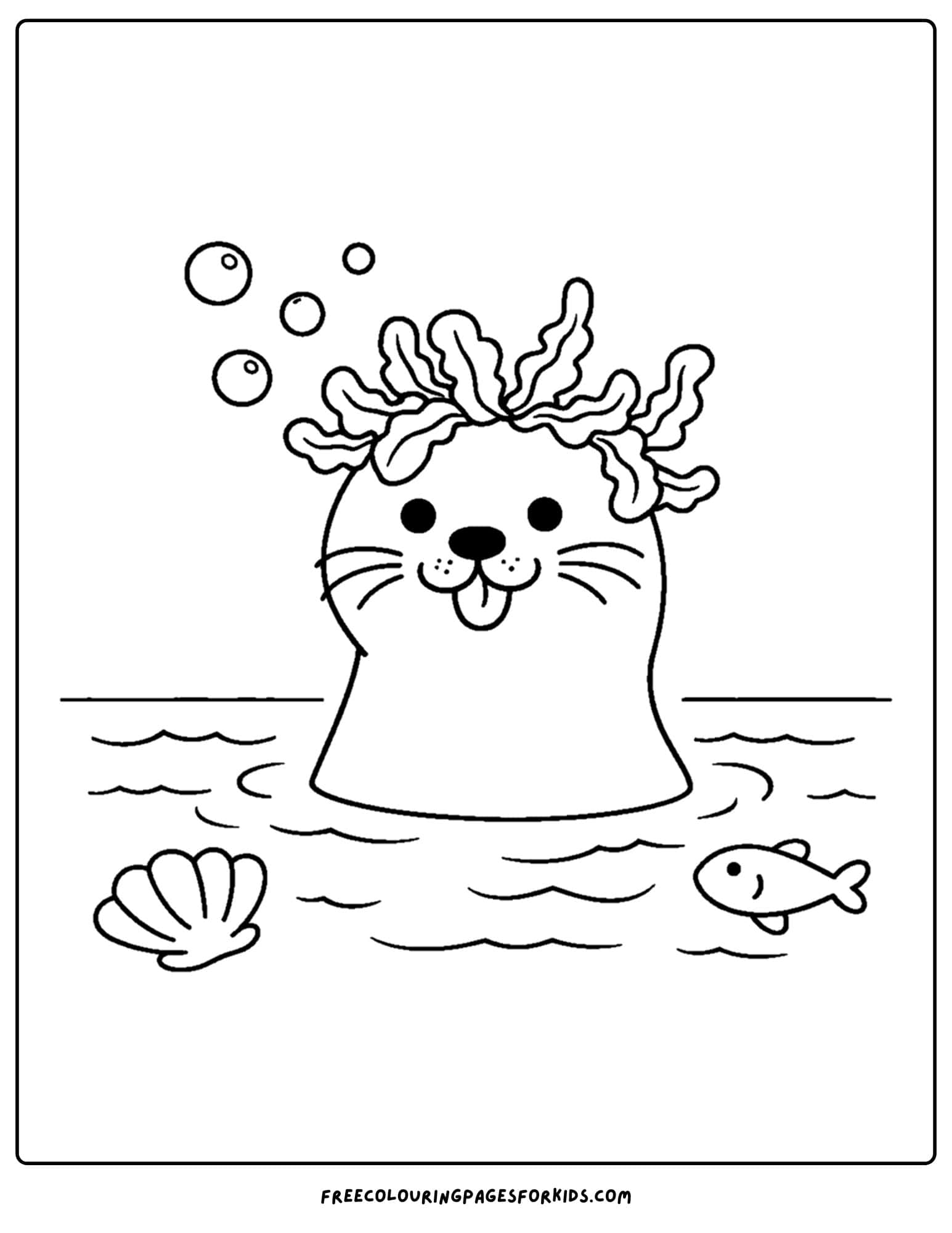 a coloring page of a seal with seaweed on its head