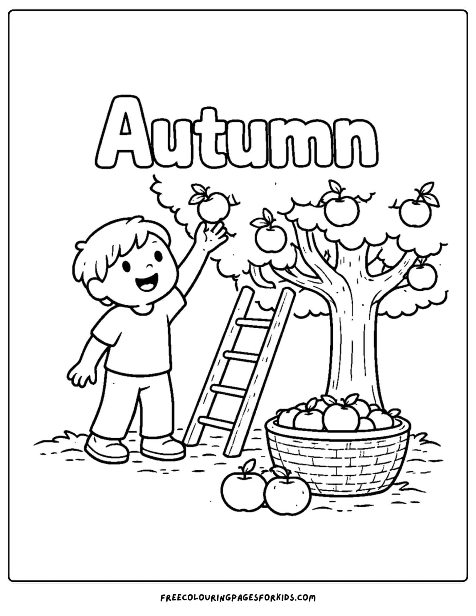 a season coloring page showing a autumn fall scene of a child picking apples