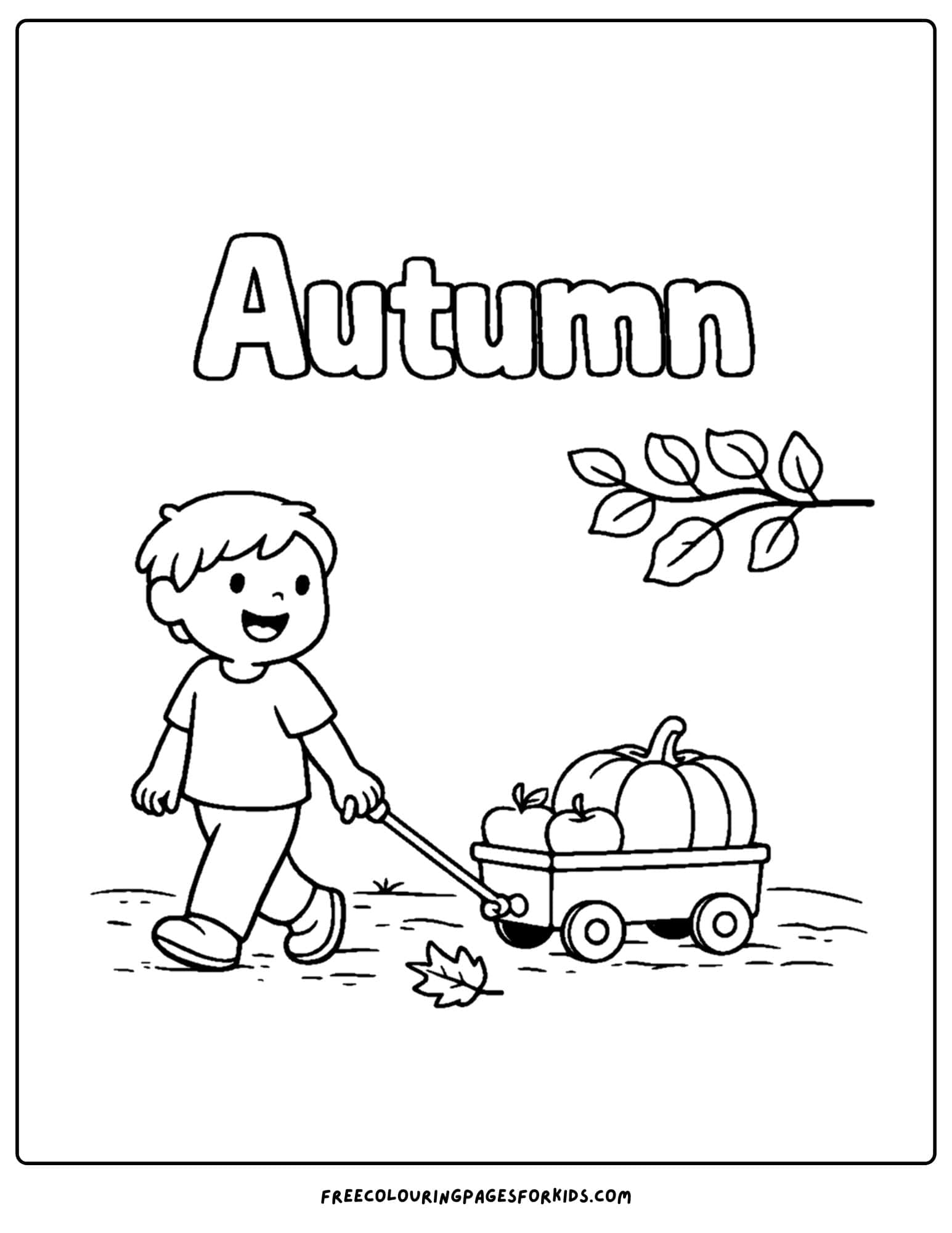a season coloring page showing a autumn fall scene of a child pulling a wagon with a pumpkin in it