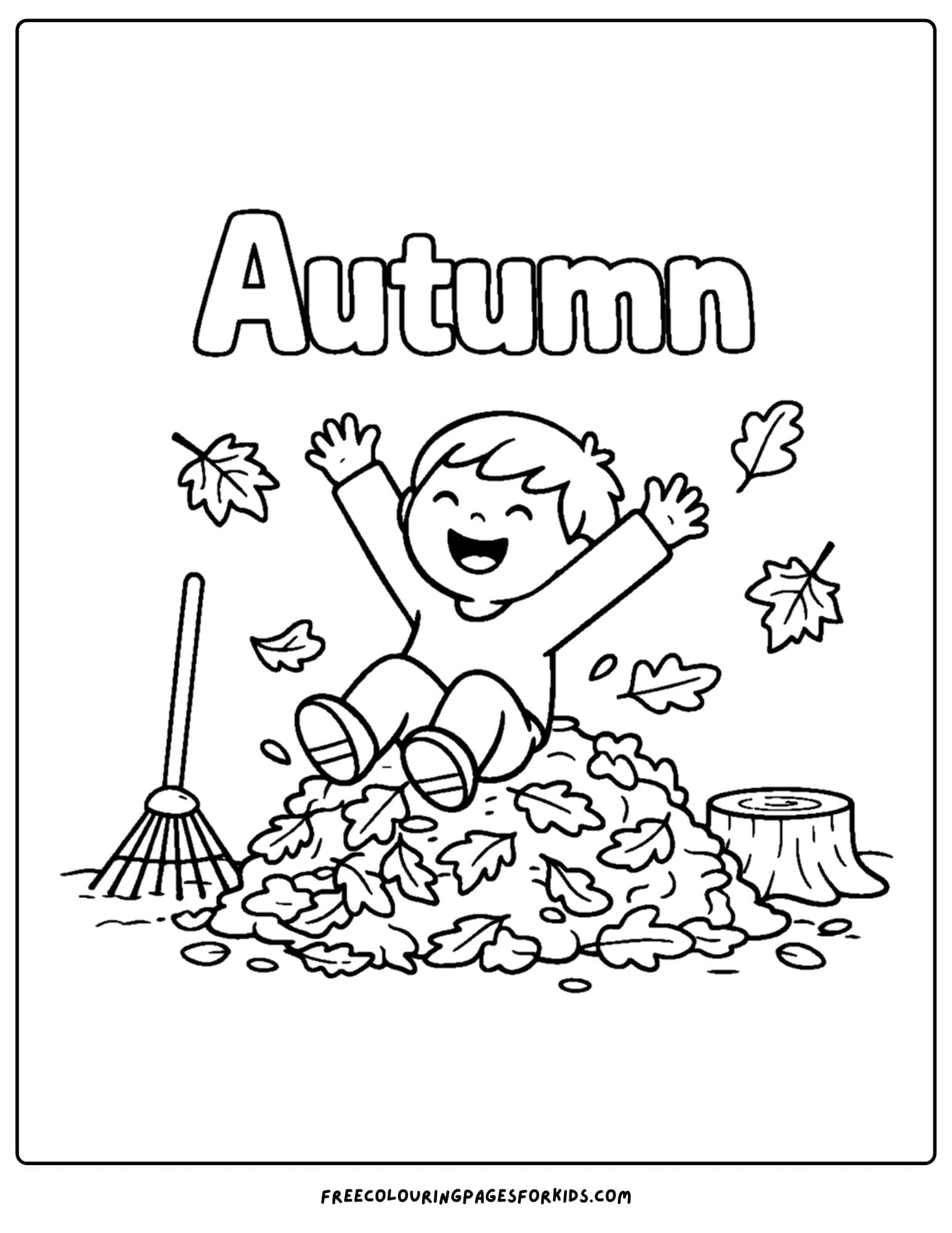 a season coloring page showing a autumn fall scene with a child playing in a pile of leaves