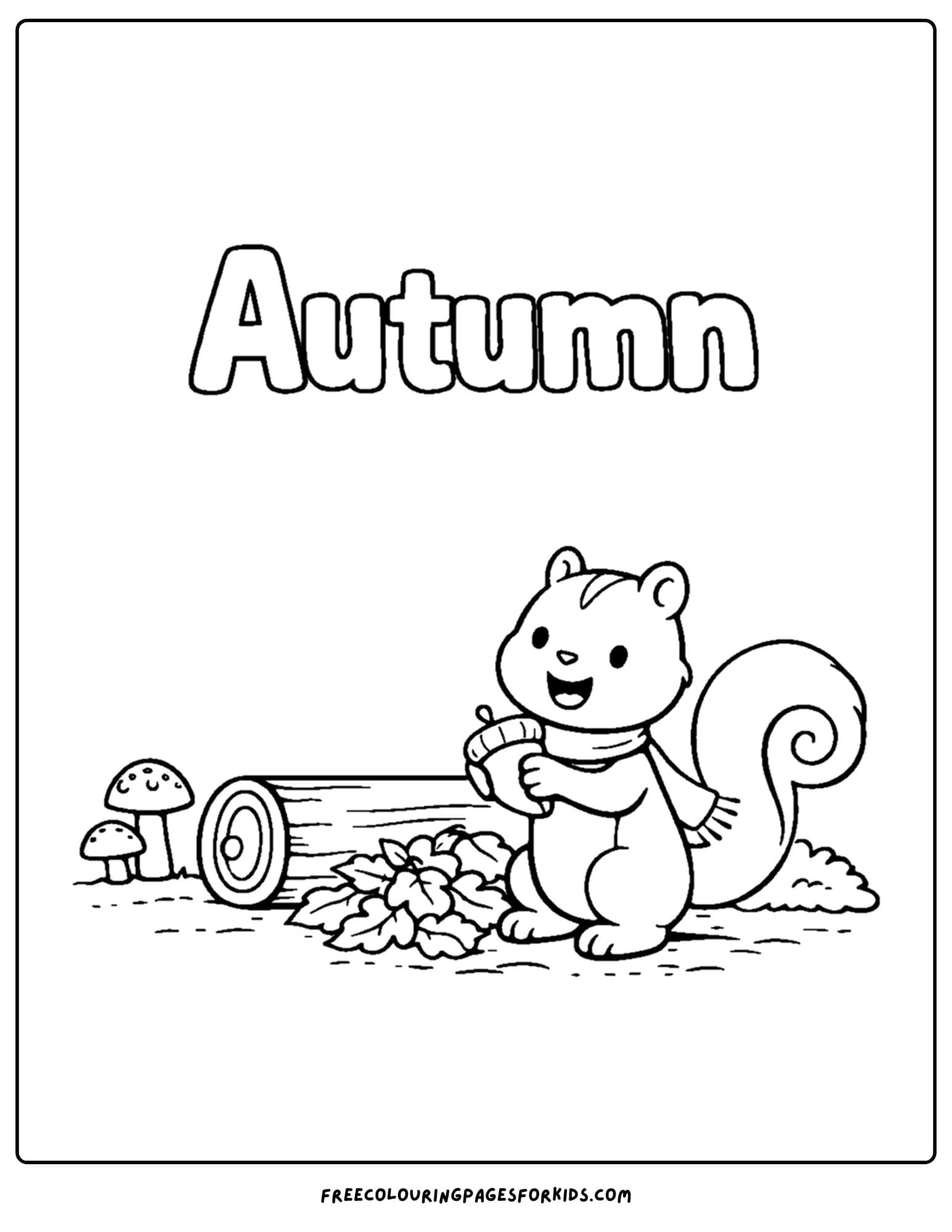 a season coloring page showing a autumn fall scene of a squirrel and an acorn