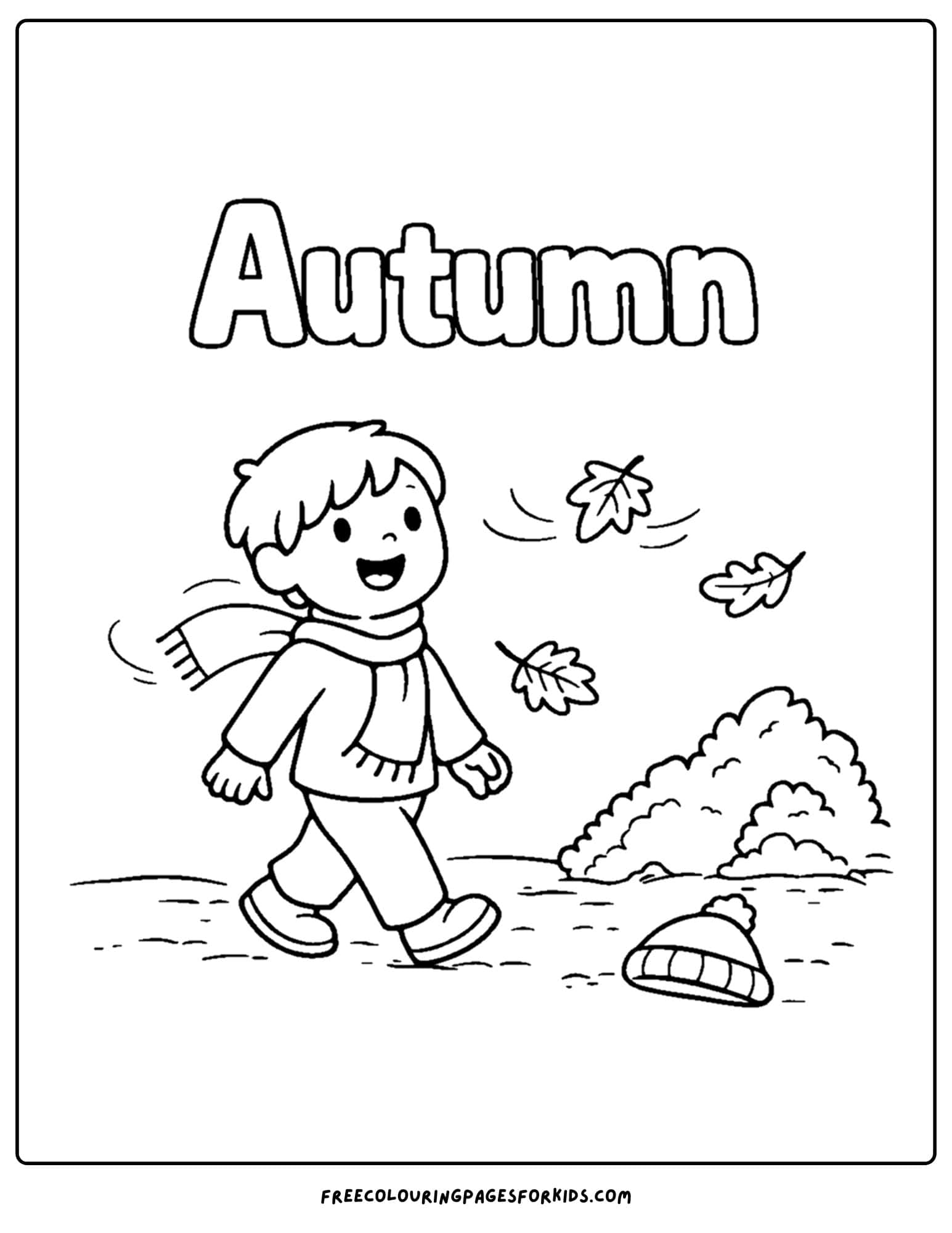 a season coloring page showing a autumn fall scene of a child walking on a windy day