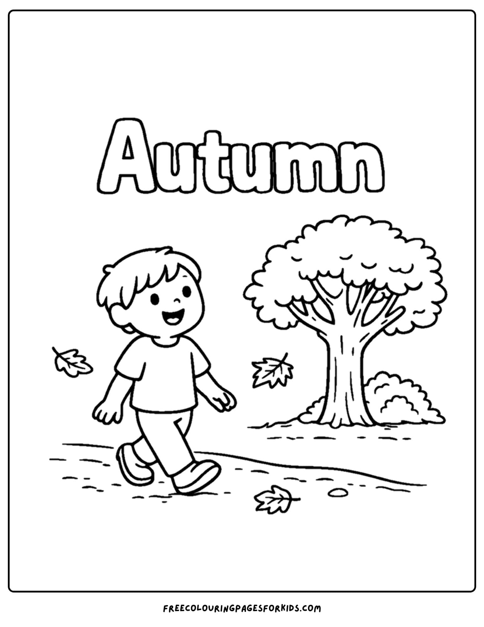 a season coloring page showing a autumn fall scene of a child walking in the woods