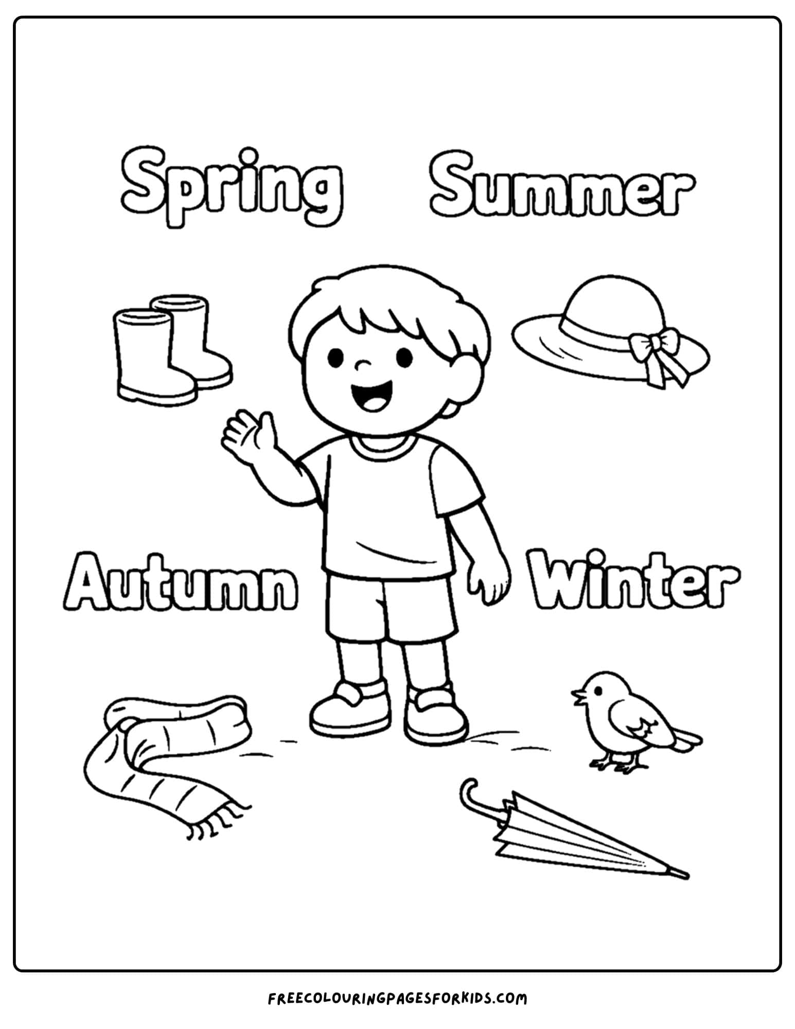 a season coloring page showing a the various seasons with a child in the middle