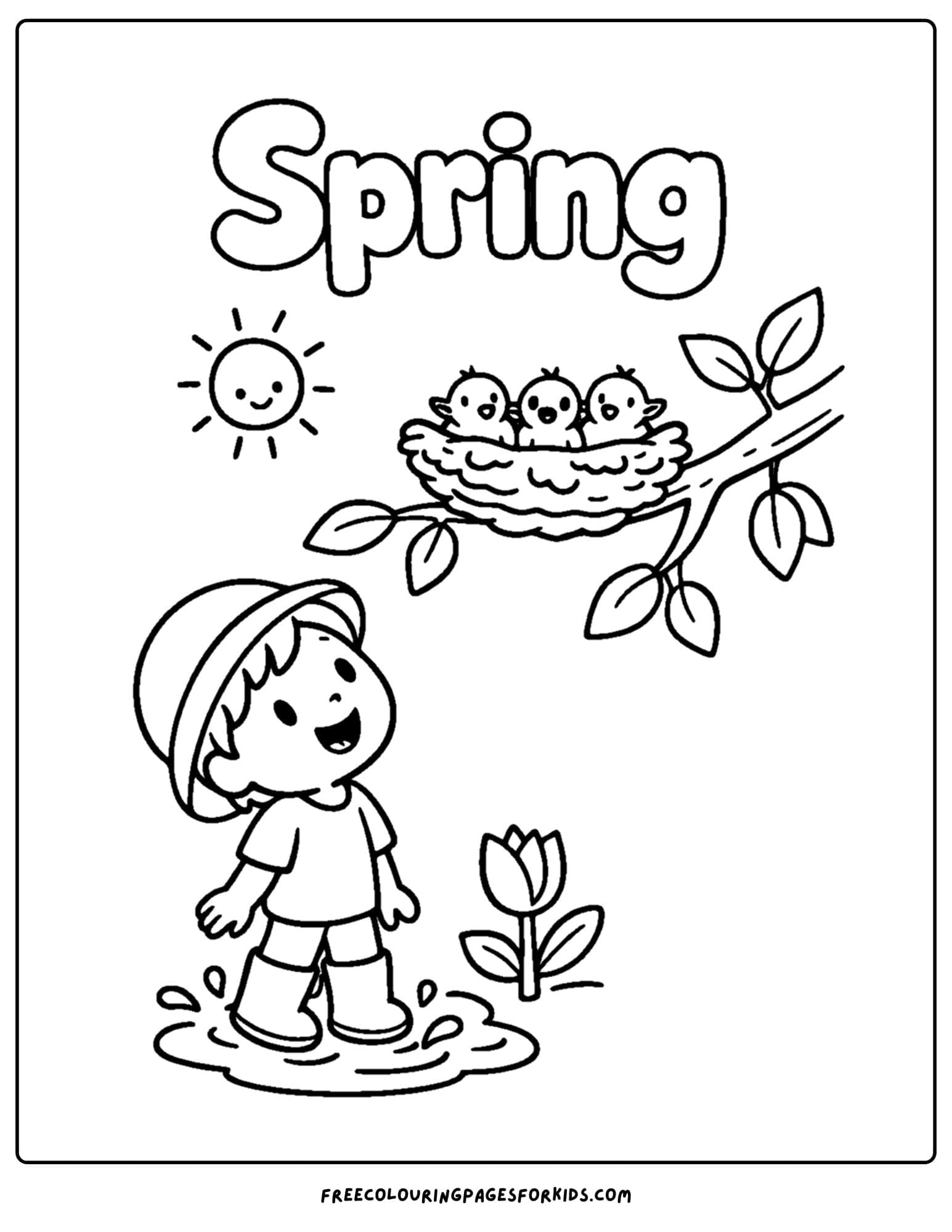 a season coloring page showing a spring scene of a child looking at birds in a nest