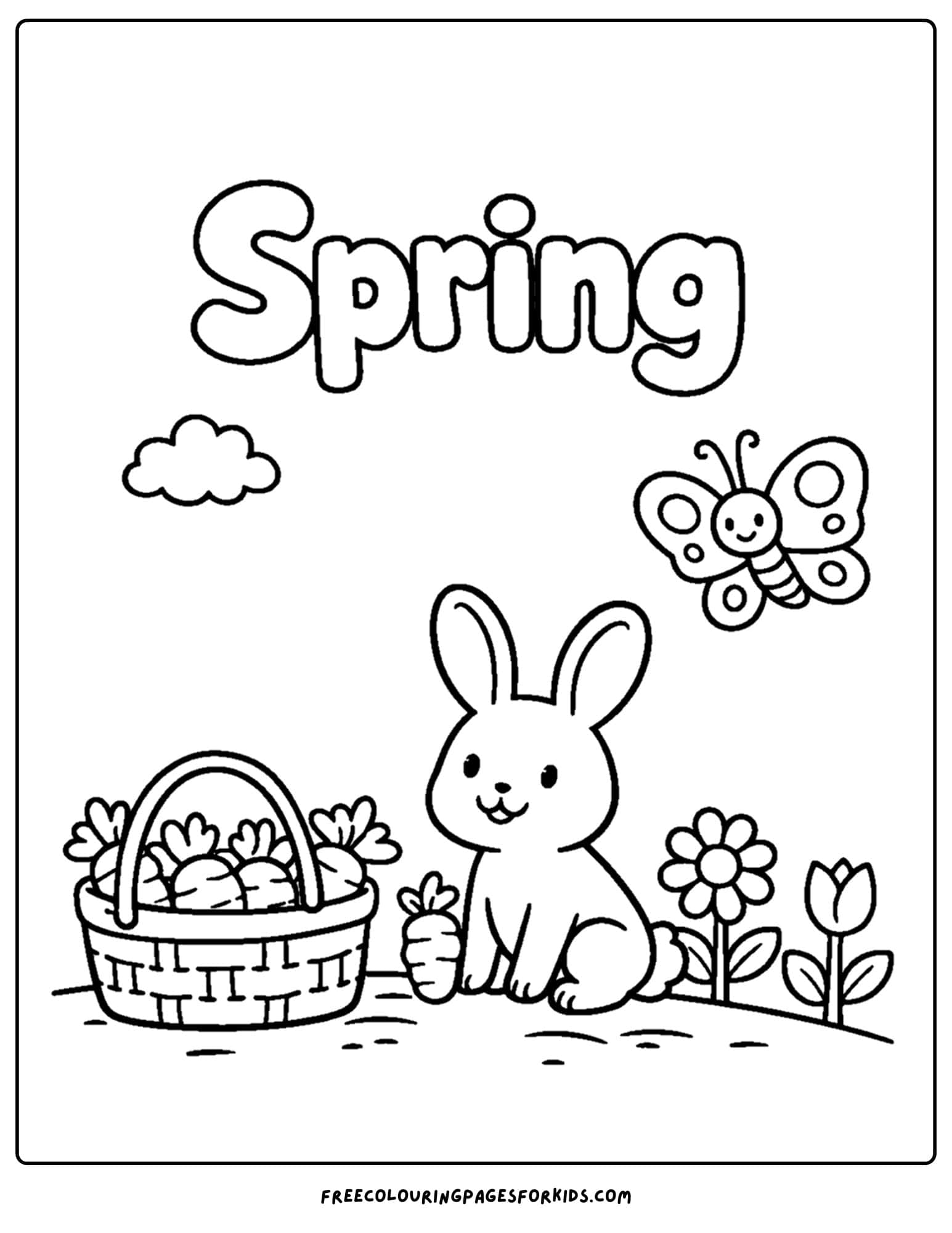 a season coloring page showing a spring scene of a rabbit and a basket or carrots