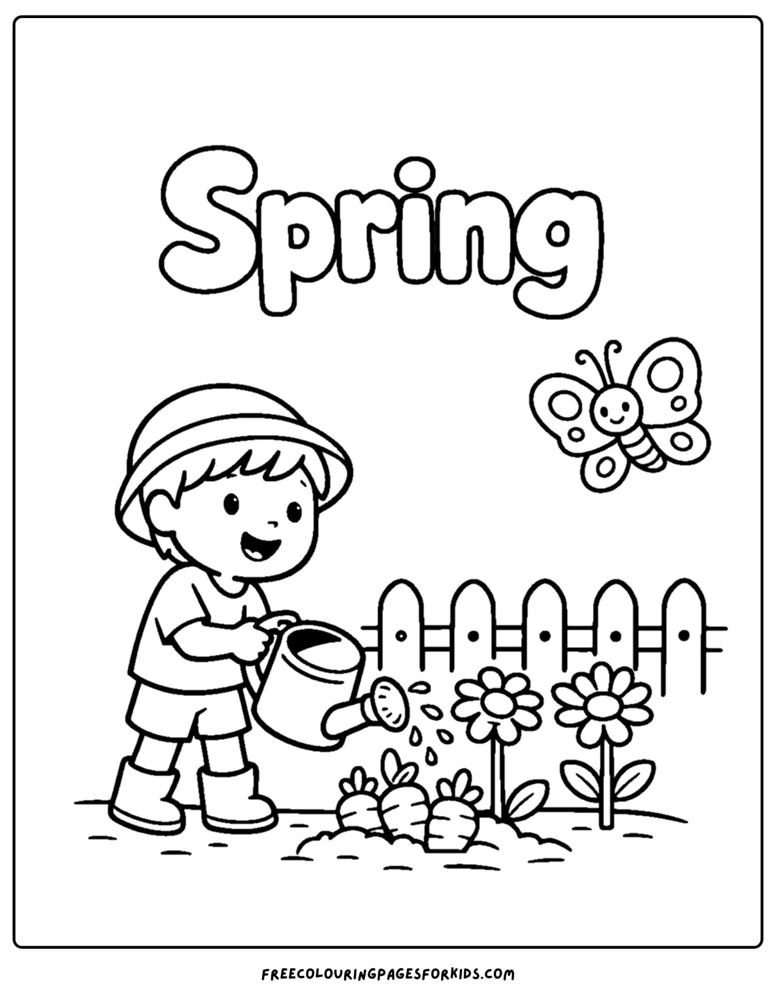a season coloring page showing a spring scene of a child watering a garden