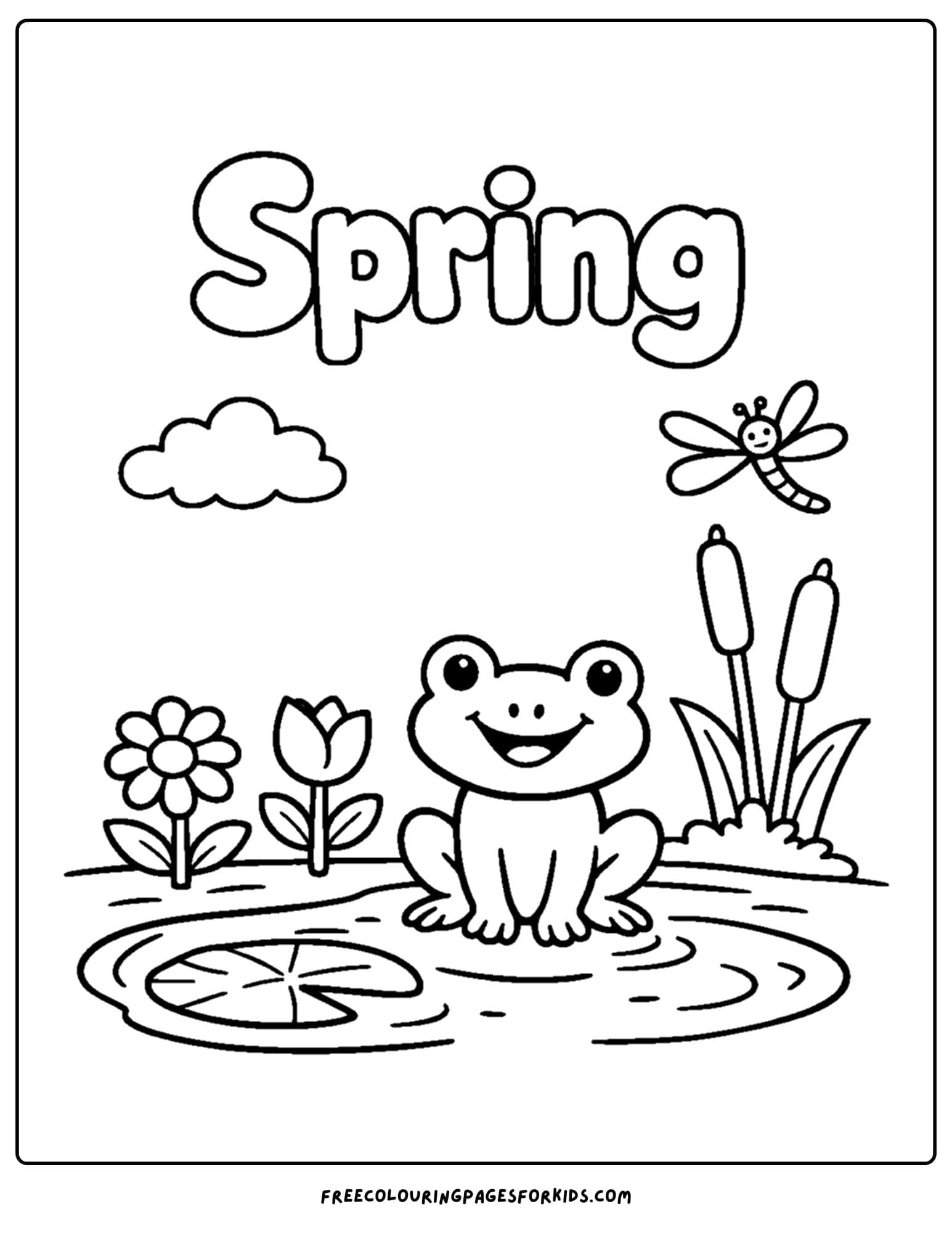 a season coloring page showing a spring scene of a frog on a lilypad