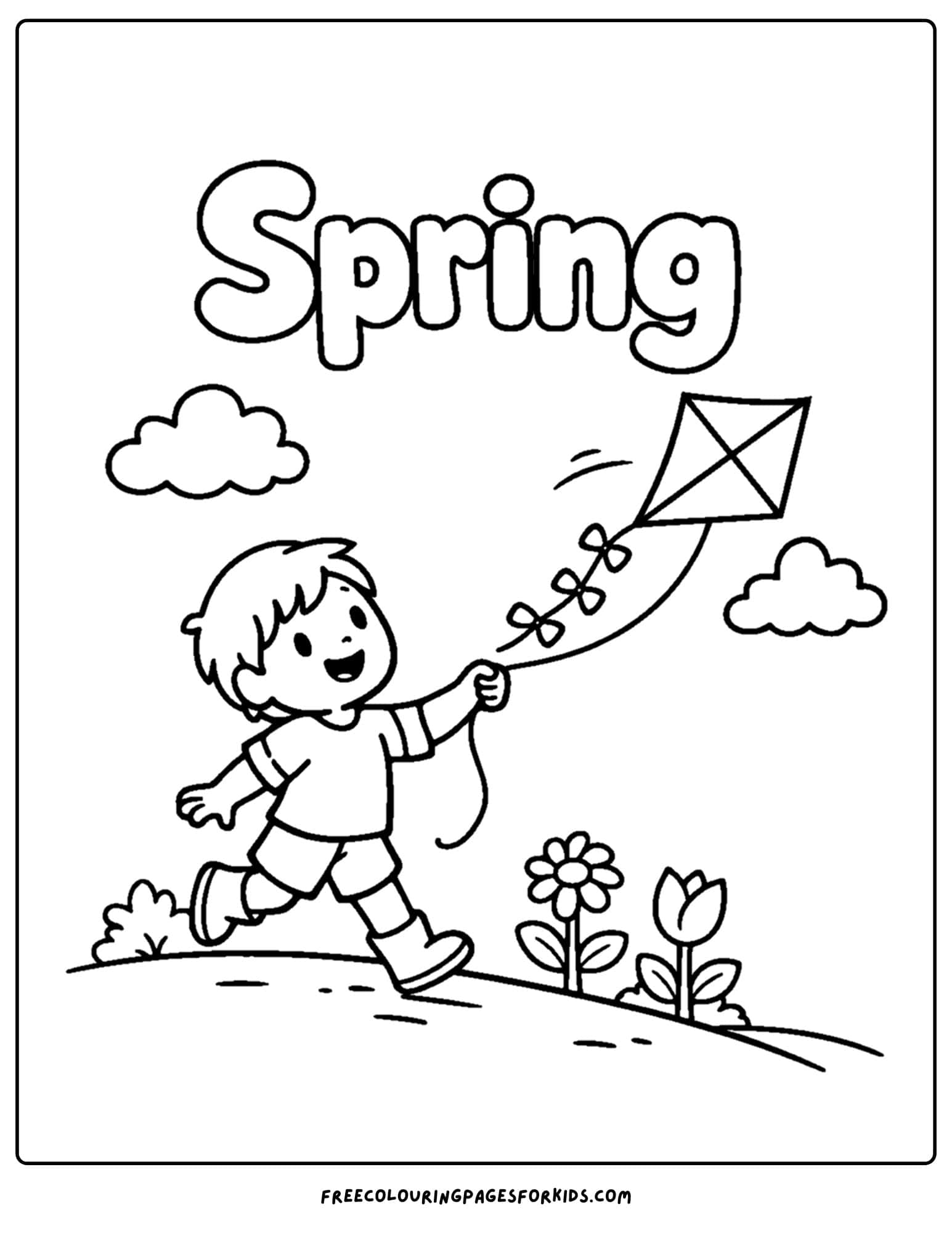 a season coloring page showing a spring scene of a child flying a kite