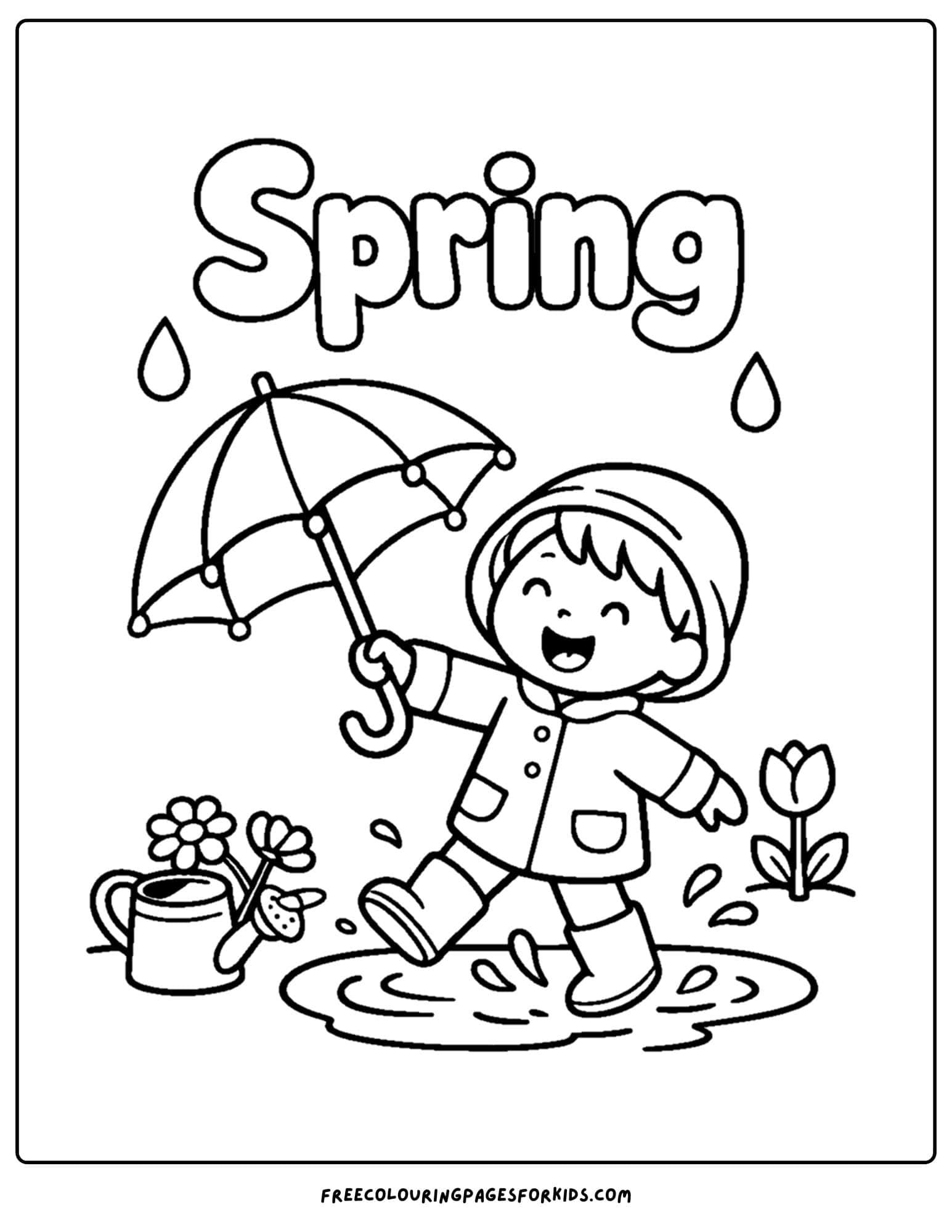 a season coloring page showing a spring scene of a child splashing in a spring rain shower