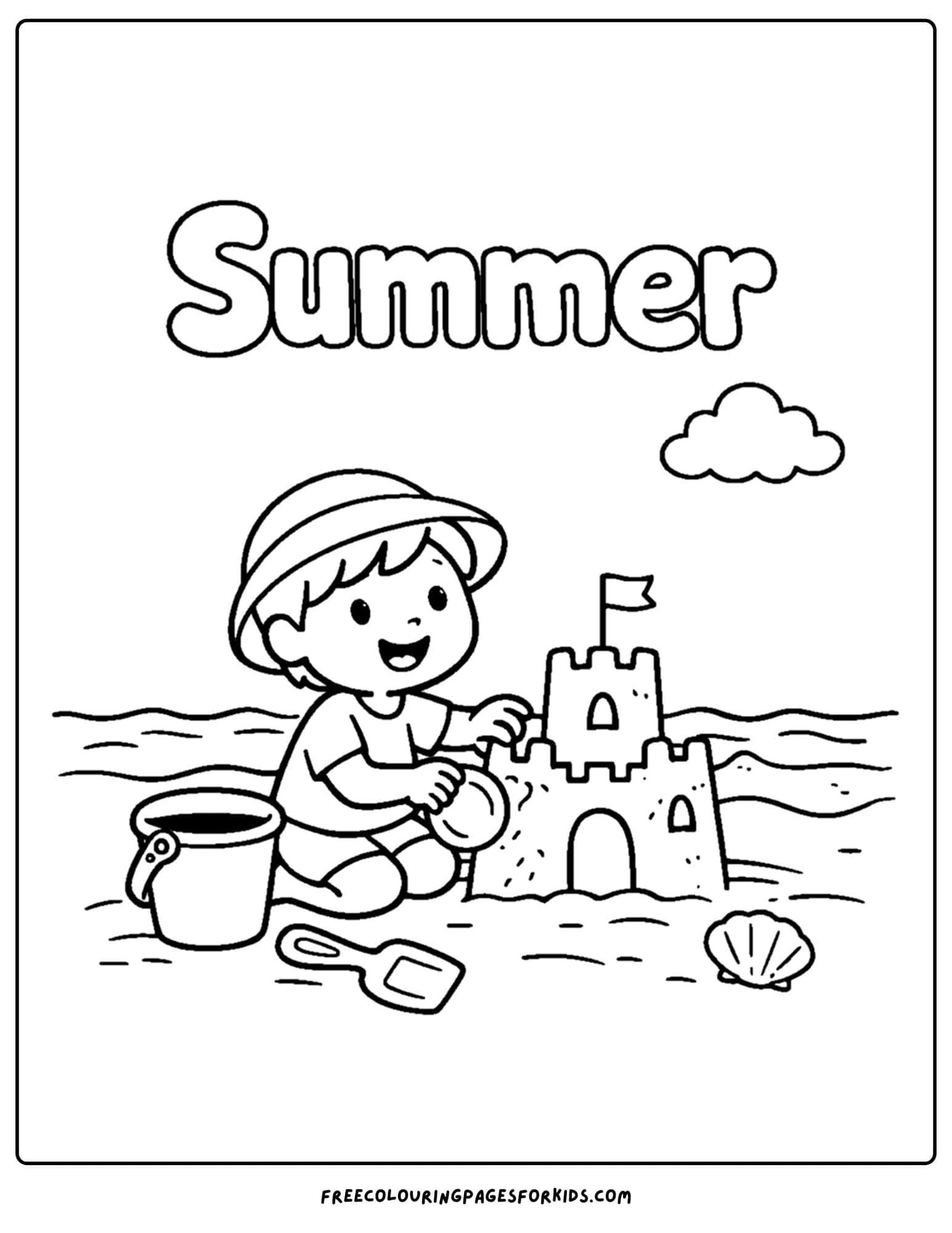 a season coloring page showing a summer scene of a kid building a sandcastle at the beach