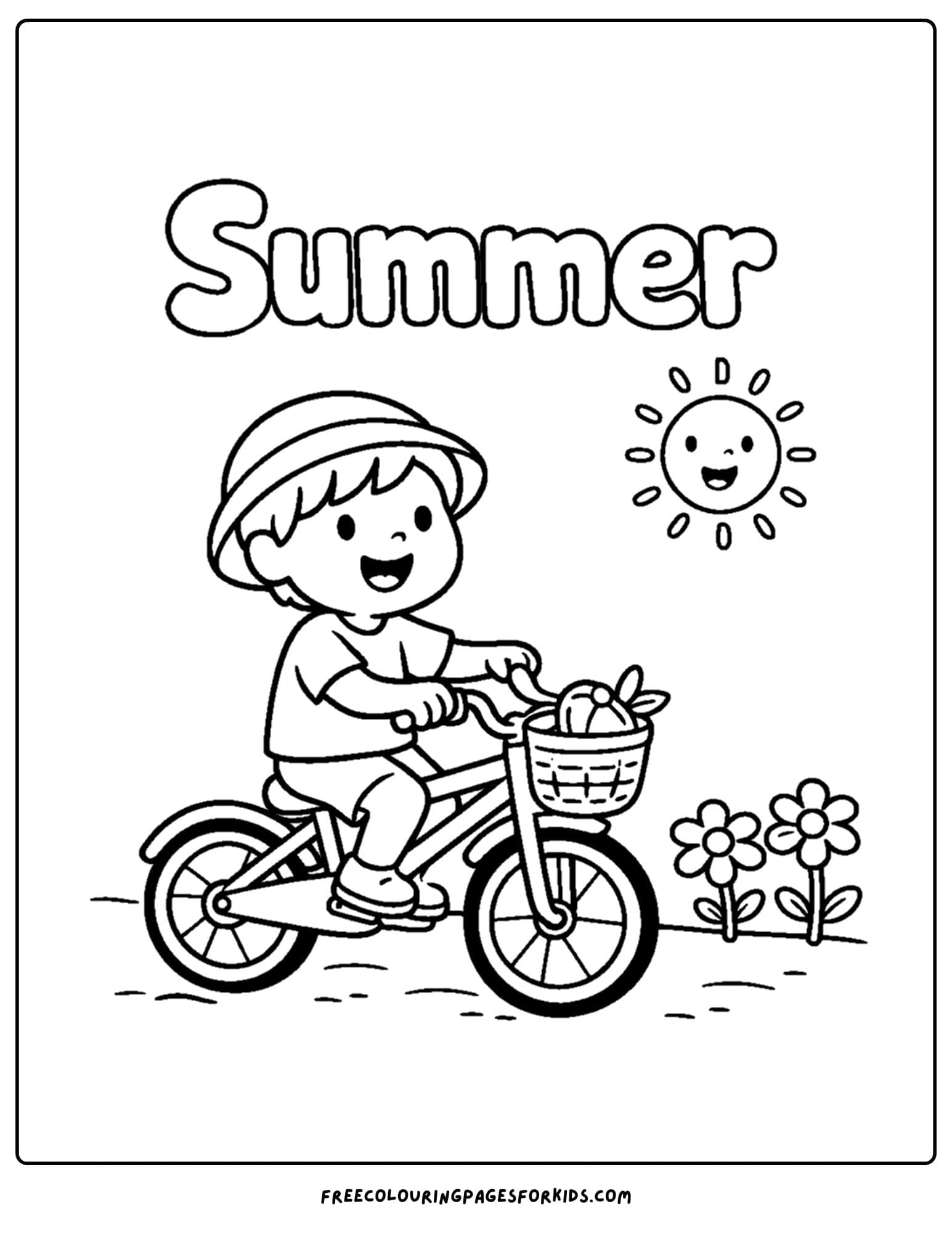a season coloring page showing a summer scene of a child riding a bike