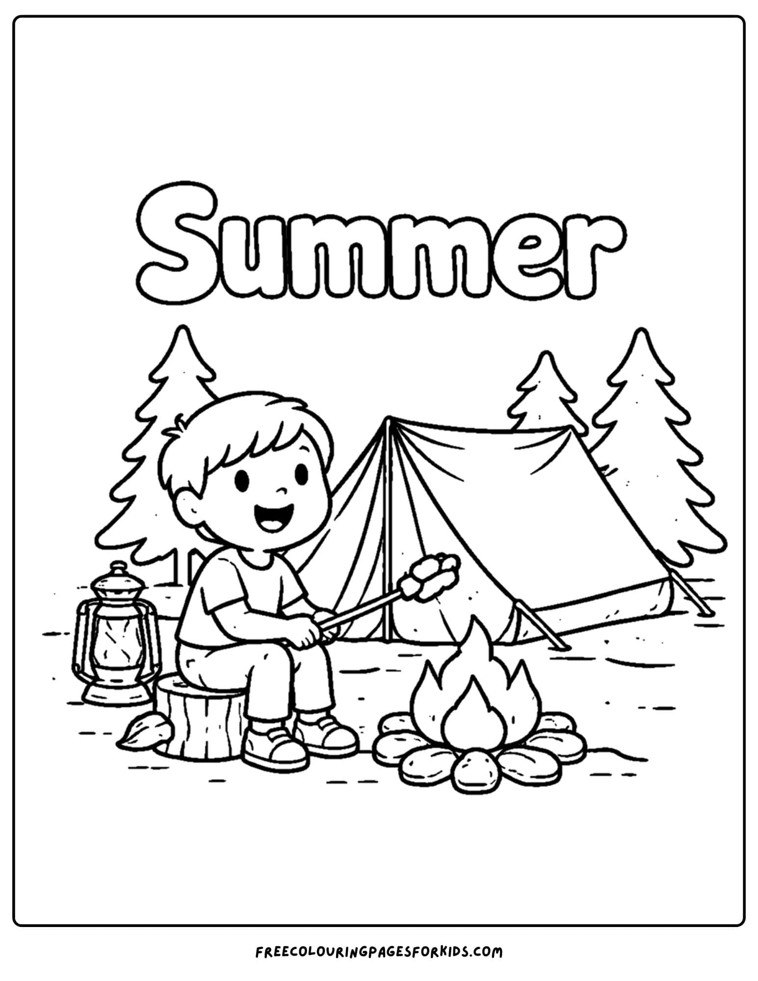 a season coloring page showing a summer scene of a child out camping and roasting marshmallows