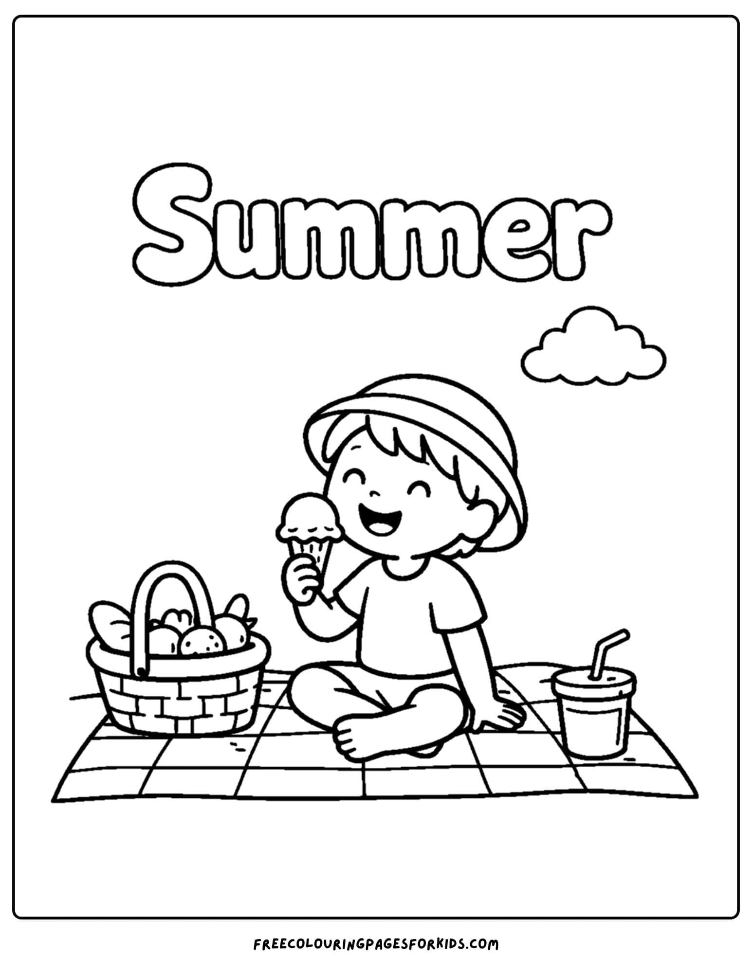 a season coloring page showing a summer scene of a kid having a picnic lunch