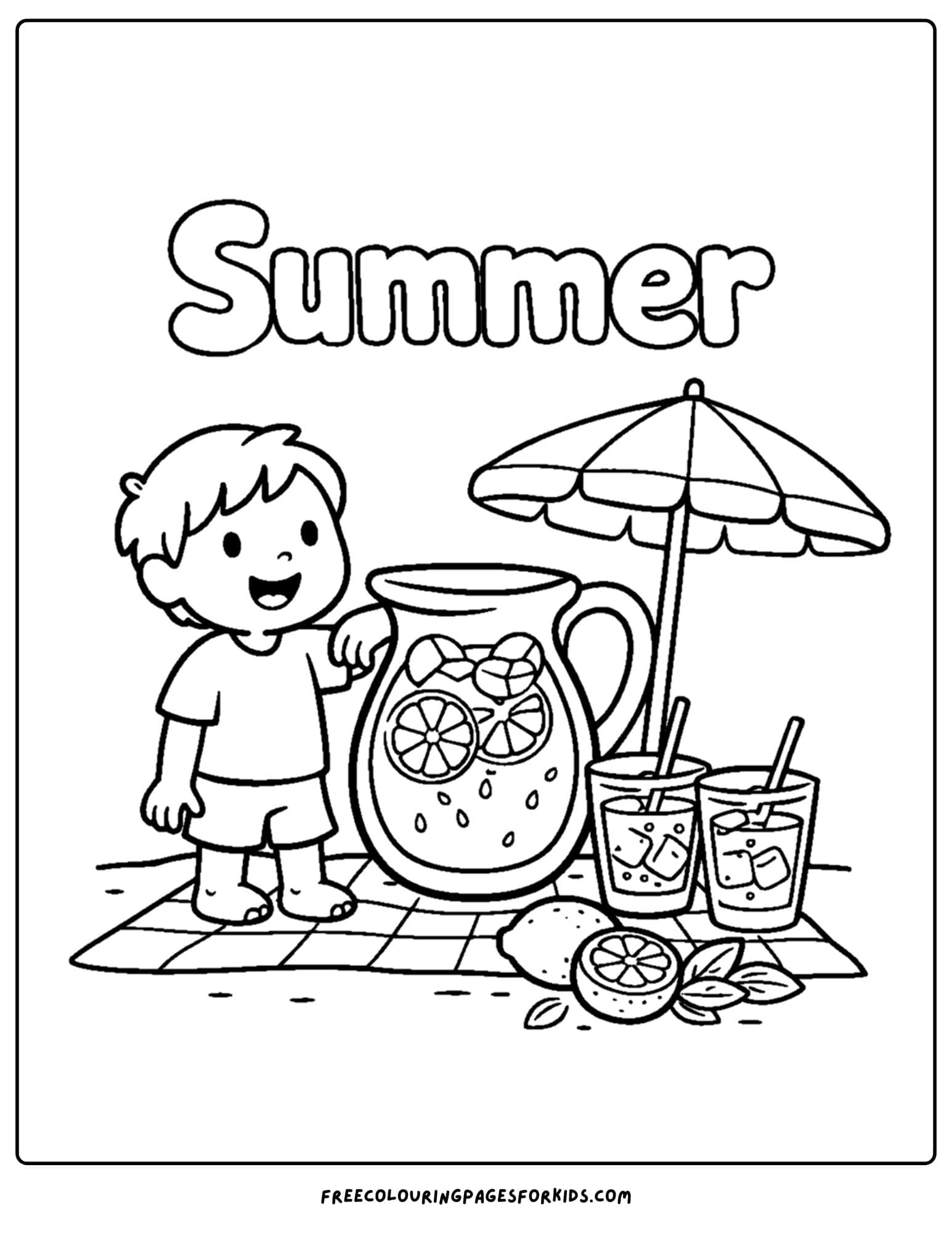 a season coloring page showing a summer scene of a child with a bug jug of lemonade