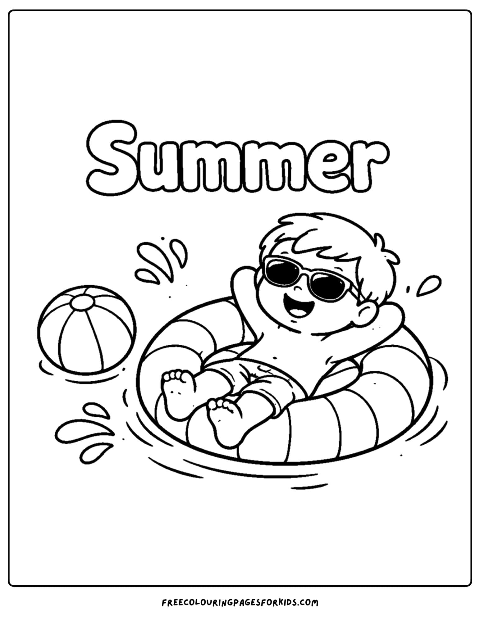 a season coloring page showing a summer scene of a child relaxing in a pool float